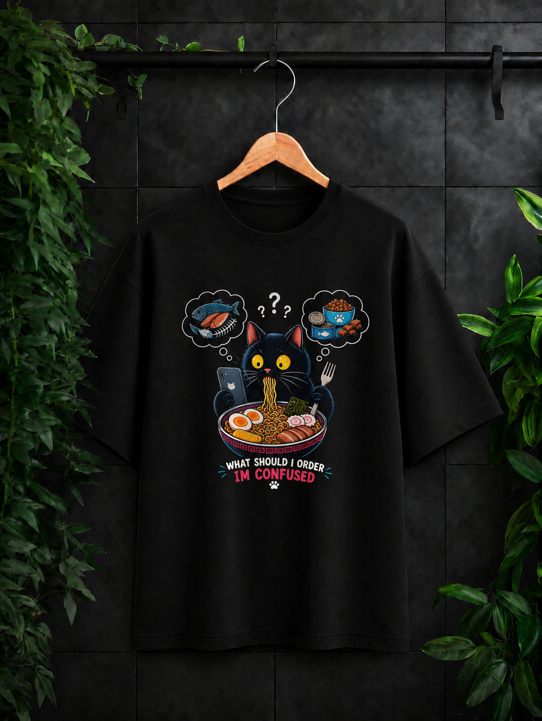 What Should I Order I’m Confused — Funny Ramen Cat - Unisex Oversize Fit Graphic Tee - 100% Bio-Washed Premium Cotton T-Shirt