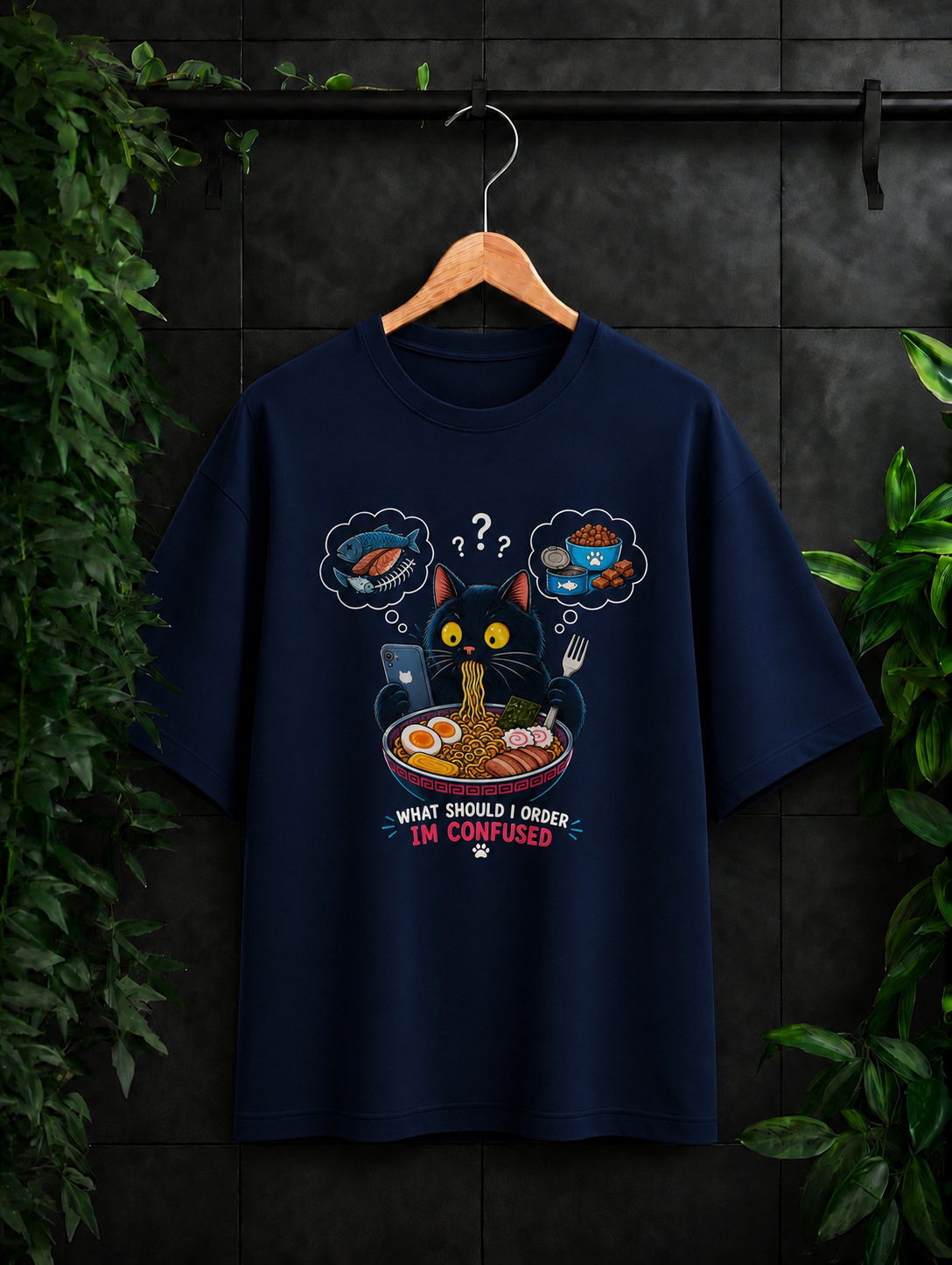What Should I Order I’m Confused — Funny Ramen Cat - Unisex Oversize Fit Graphic Tee - 100% Bio-Washed Premium Cotton T-Shirt