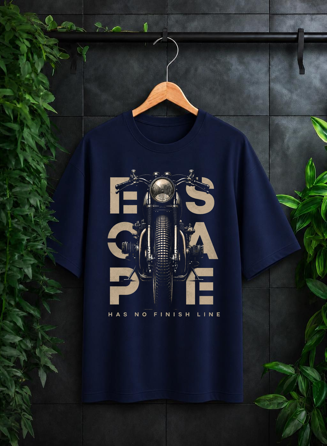 Escape Has No Finish Line — Motorcycle Biker Adventure — Unisex Oversize Fit Graphic Tee — 100% Bio-Washed Premium Cotton T-Shirt
