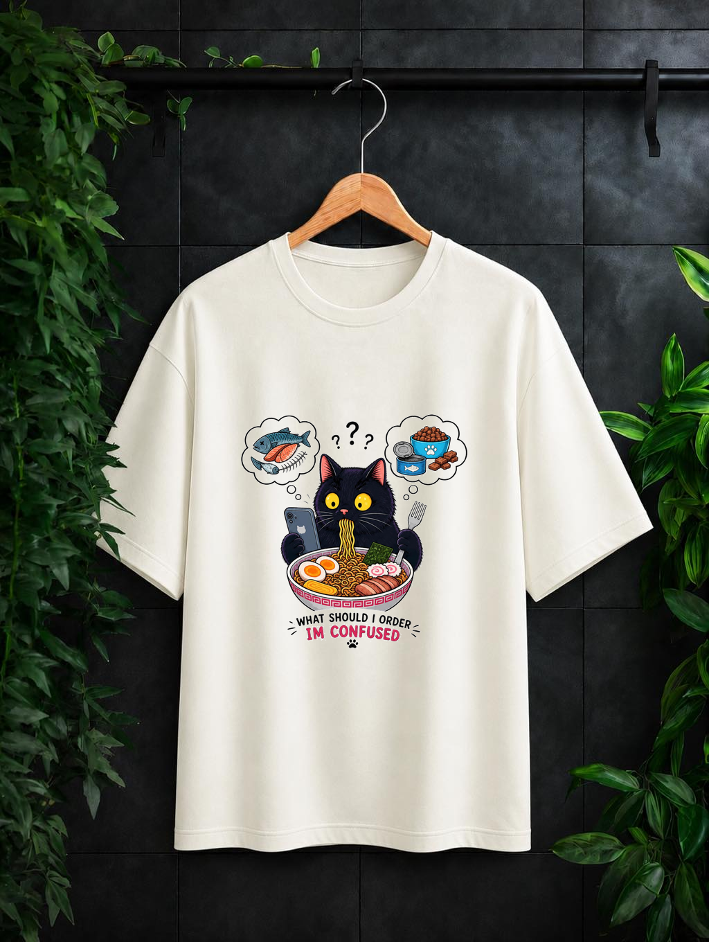 What Should I Order I’m Confused — Funny Ramen Cat - Unisex Oversize Fit Graphic Tee - 100% Bio-Washed Premium Cotton T-Shirt