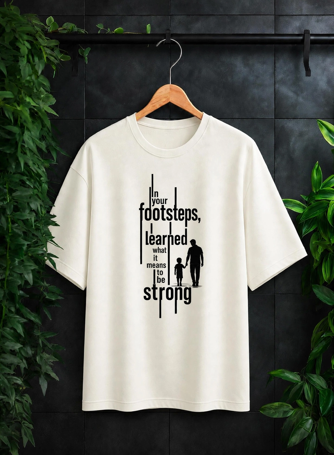 In Your Footsteps, I Learned What It Means to Be Strong — Father Son Inspirational Quote — Unisex Oversize Fit Graphic Tee — 100% Bio-Washed Premium Cotton T-Shirt