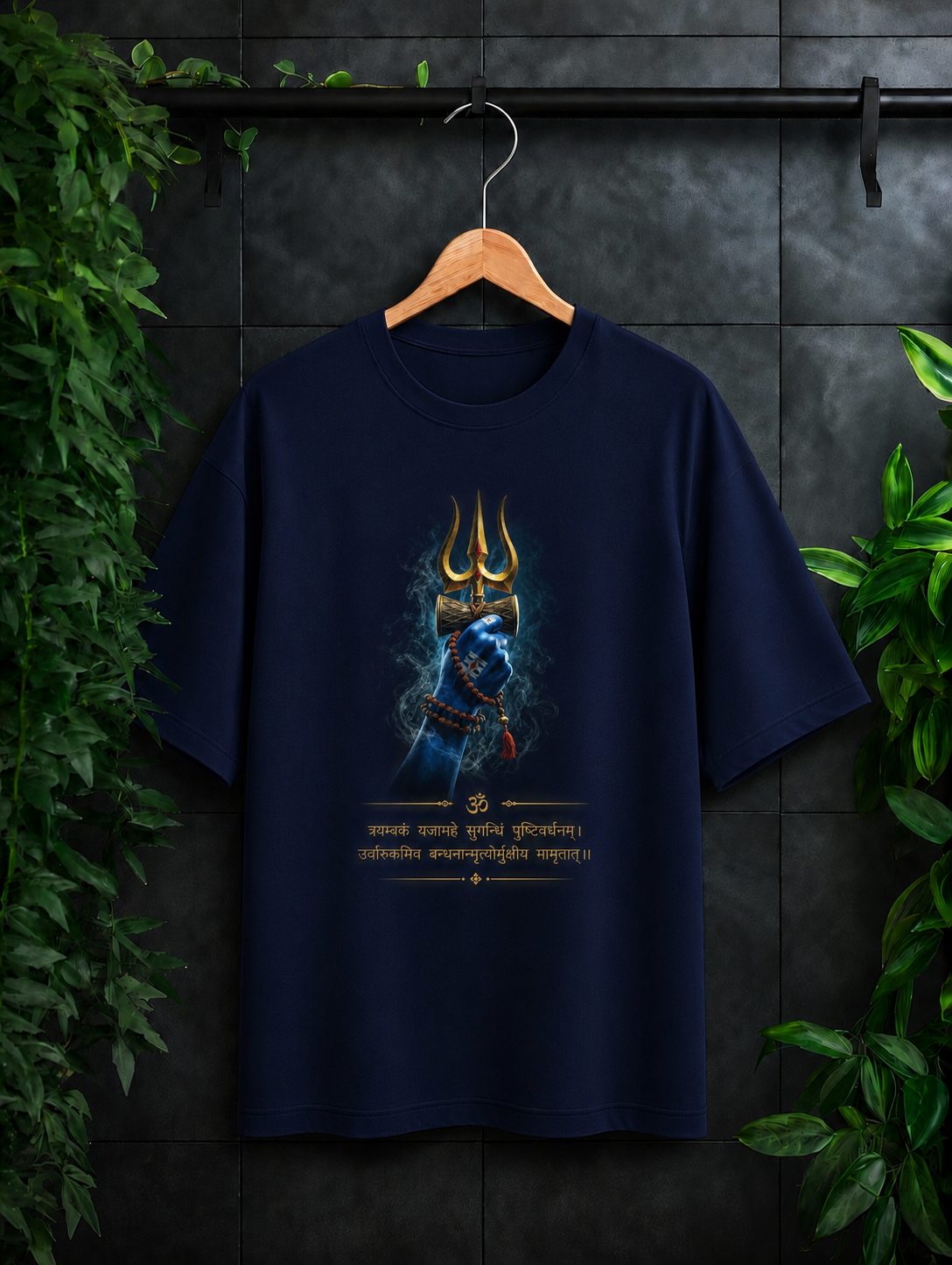 Mahamrityunjaya Mantra Shiva Trishul - Divine Protection & Inner Strength - Unisex Oversize Fit Graphic Tee - 100% Bio-Washed Premium Cotton T-Shirt