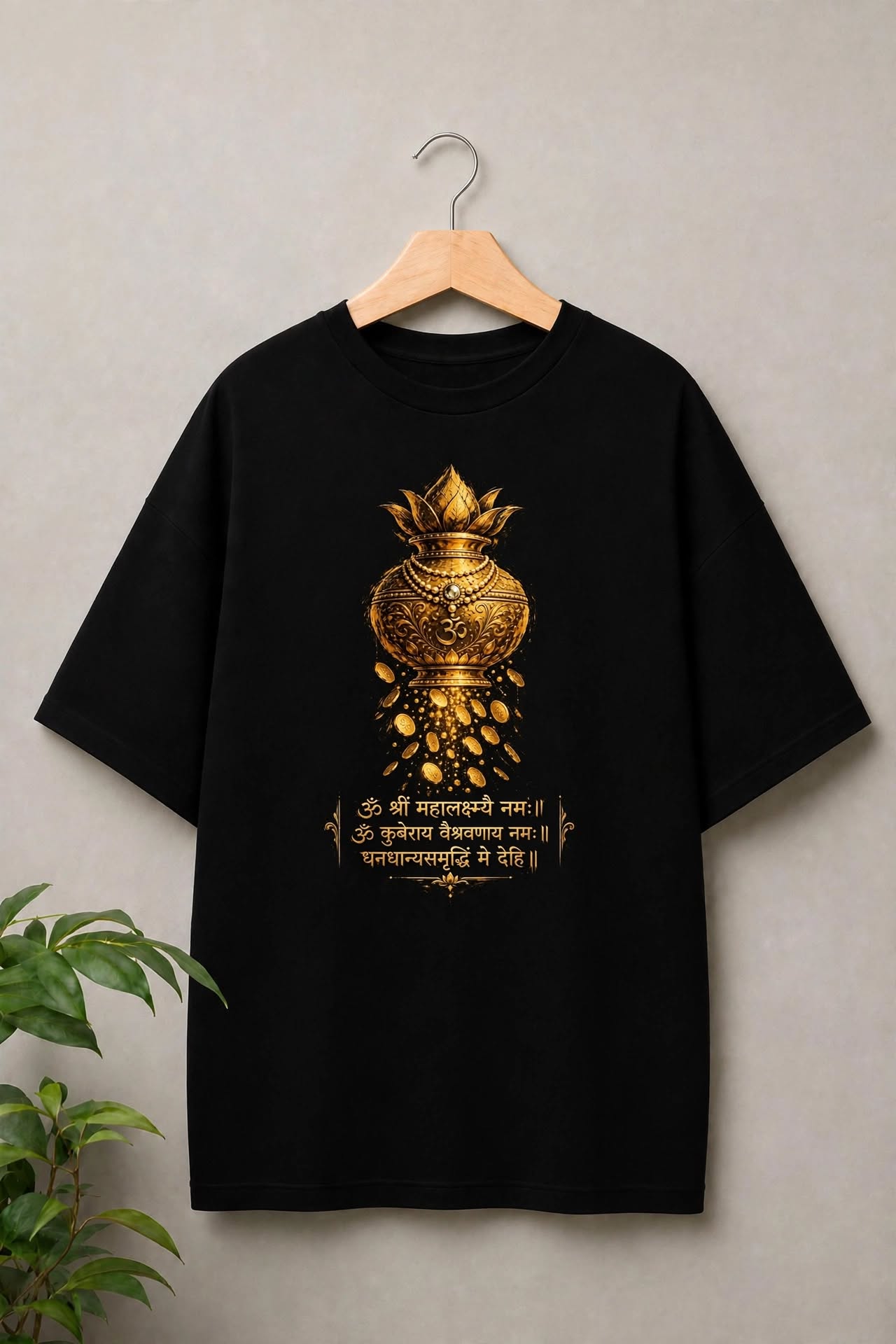 Happy Dhanteras, Golden Prosperity Kalash - Divine Wealth & Abundance - Unisex Oversize Fit - 100% Bio-washed Premium Cotton T-Shirt