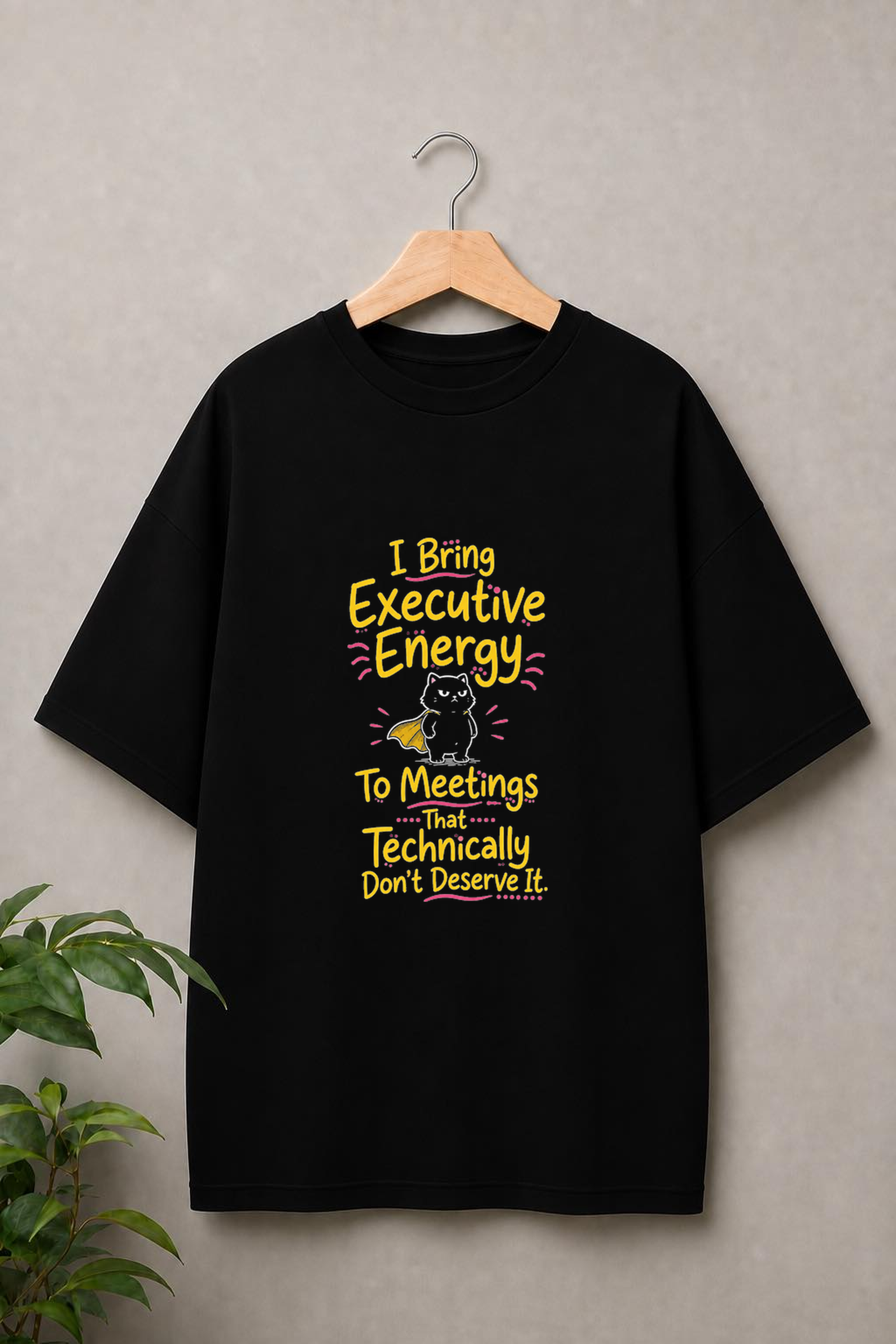 I Bring Executive Energy to Meetings That Technically Don’t Deserve It - Funny Office Cat - Unisex Oversize Fit Graphic Tee - 100% Bio-Washed Premium Cotton T-Shirt