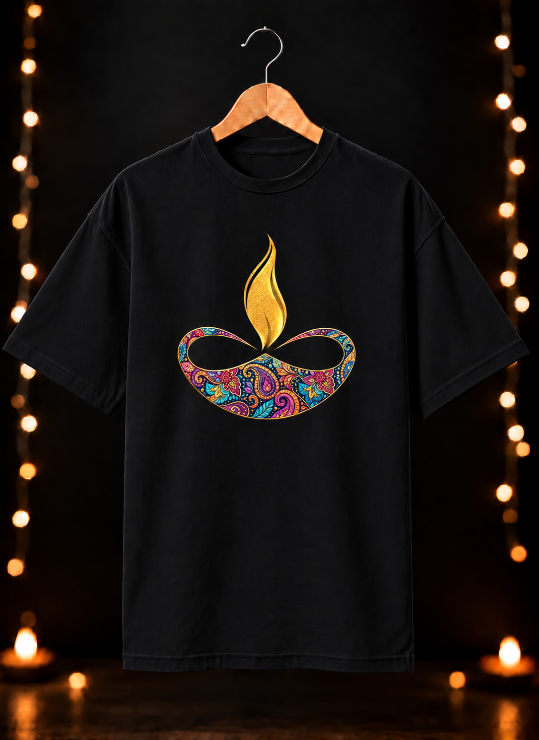 Diwali Colorful Diya Art - Festive Glow & Celebration - Unisex Oversize Fit - 100% Bio-Washed Premium Cotton T-shirt