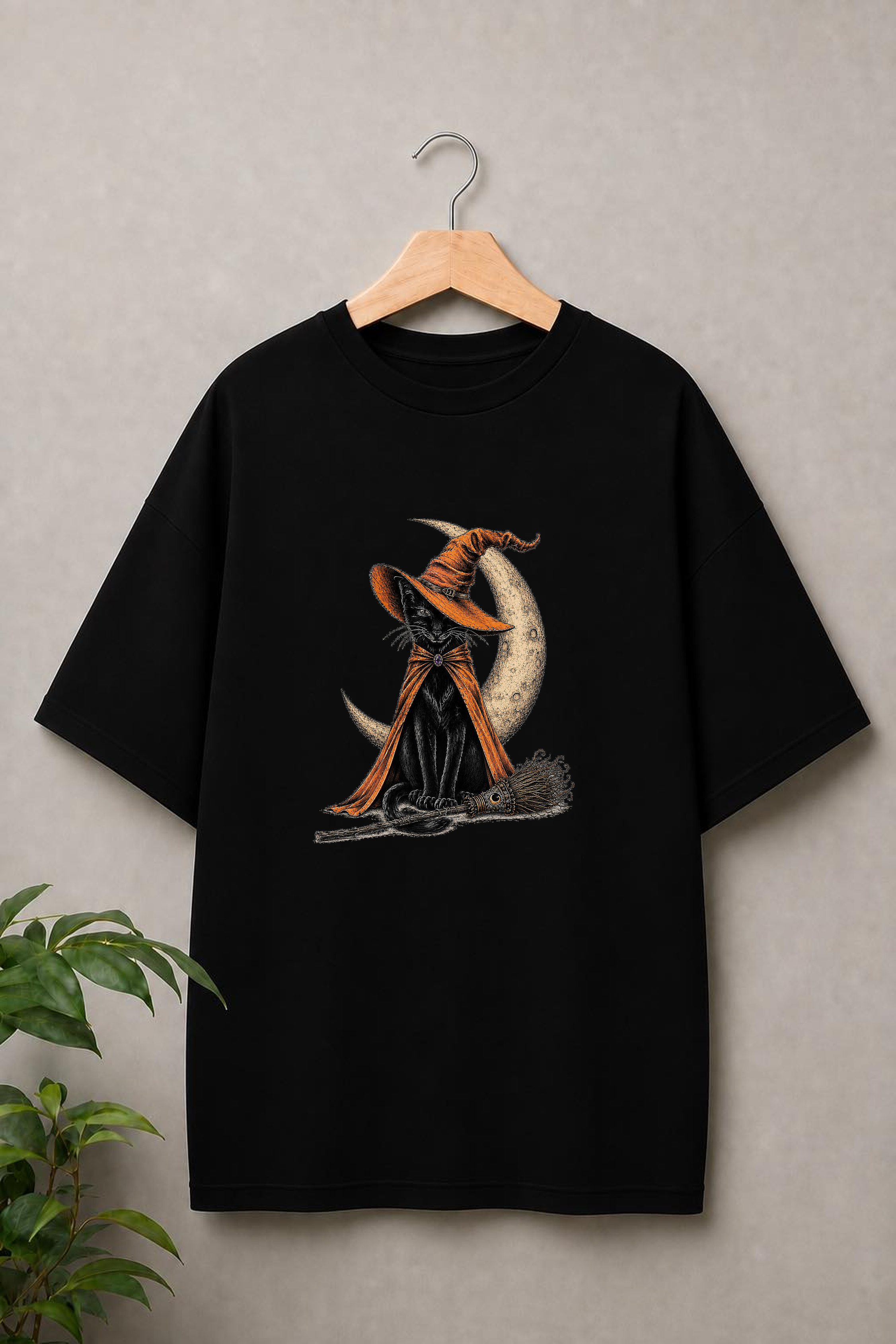 Black Witch Cat Halloween — Crescent Moon Witch — Unisex Oversize Fit Graphic Tee - 100% Bio-Washed Premium Cotton T-Shirt