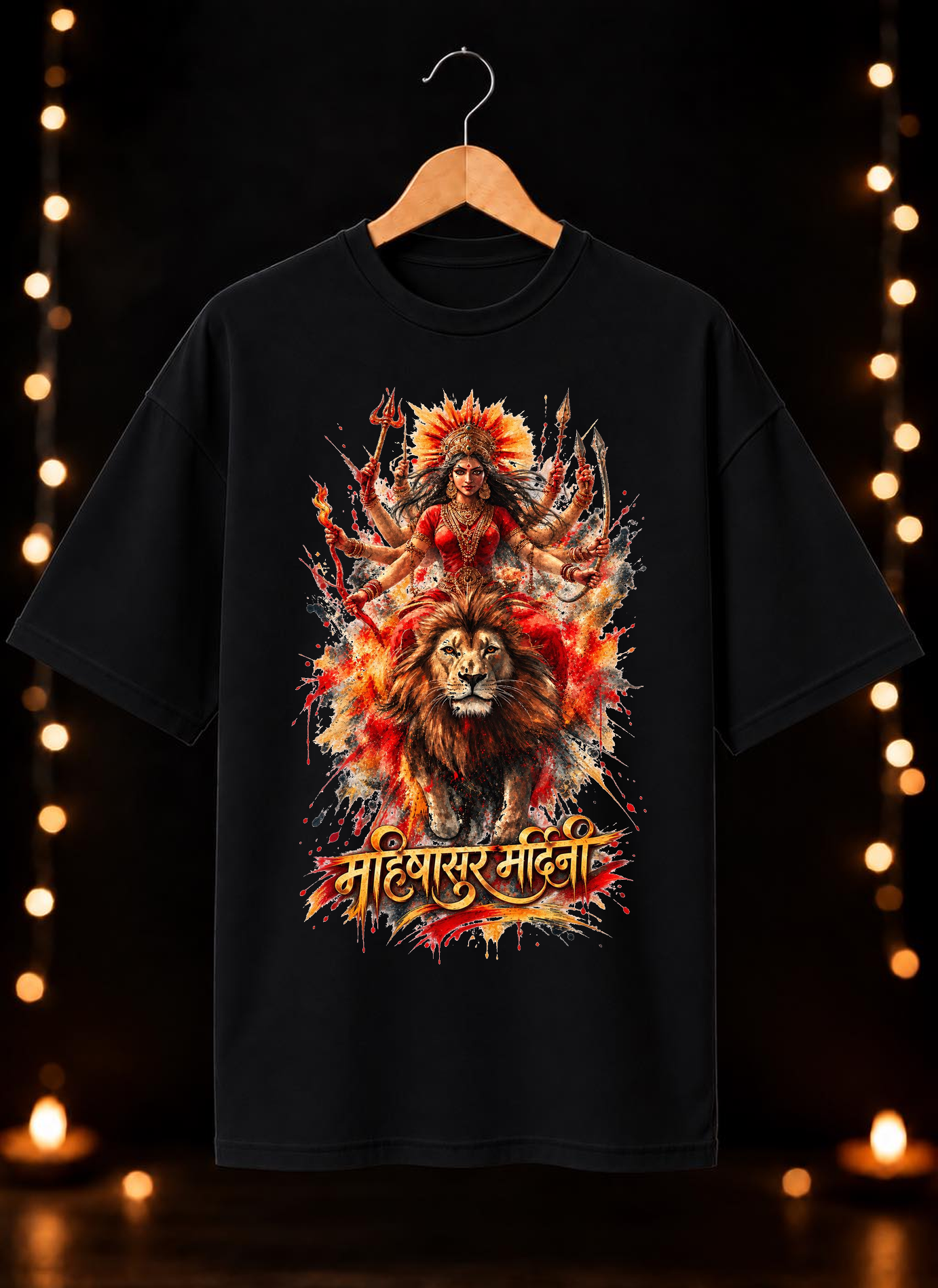 नवरात्रे Exclusive Art - Jai Maa Durga - Mahishasur Mardini - Unisex Oversize Fit - 100% Bio-Washed Premium Cotton T-shirt