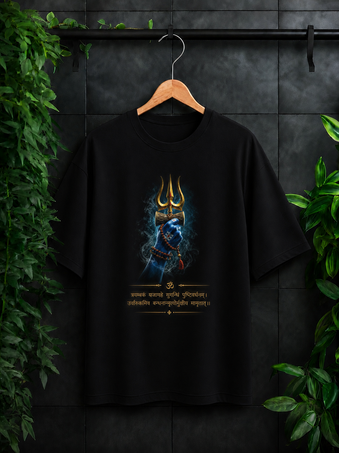 Mahamrityunjaya Mantra Shiva Trishul - Divine Protection & Inner Strength - Unisex Oversize Fit Graphic Tee - 100% Bio-Washed Premium Cotton T-Shirt