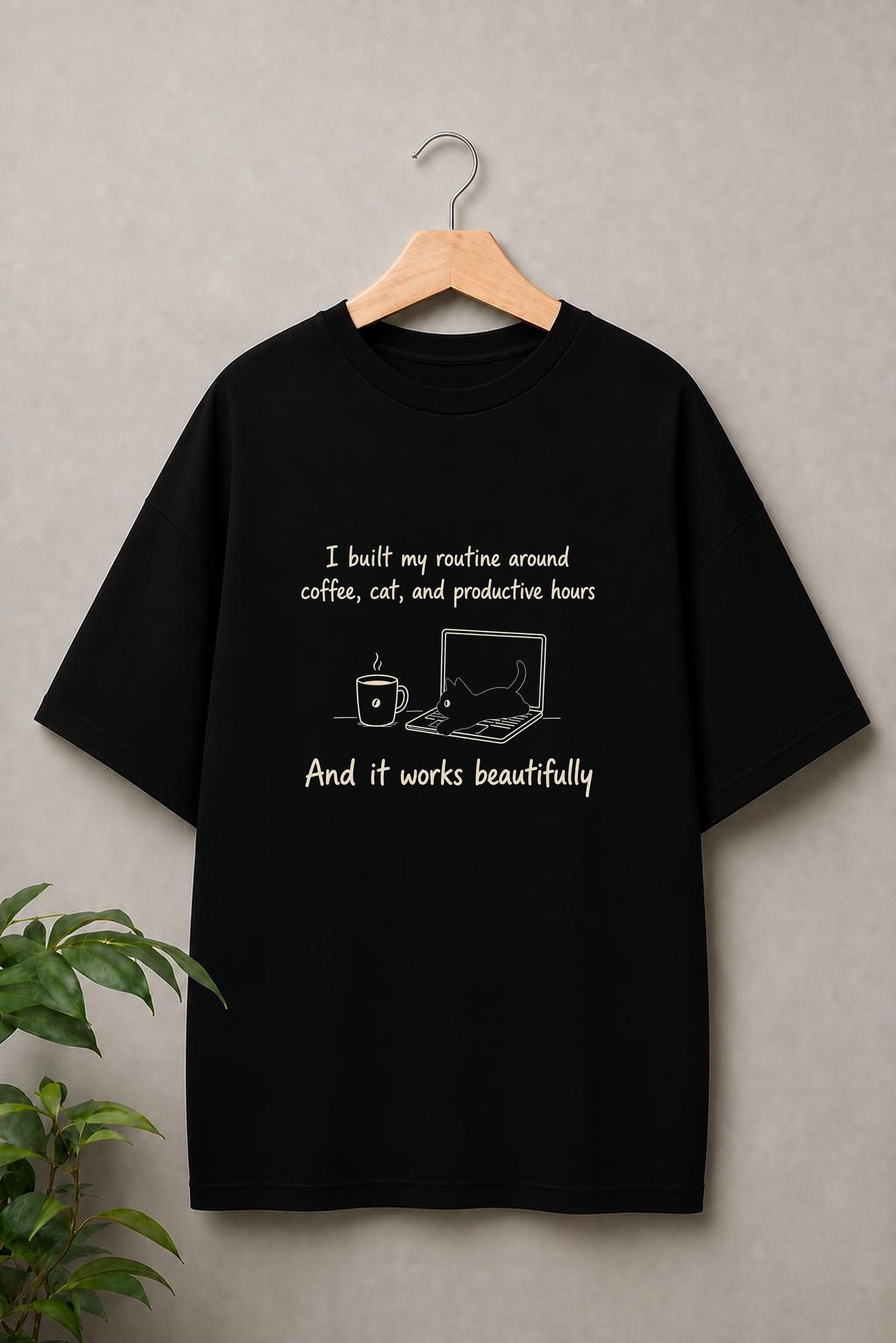 I Built My Routine Around Coffee Cat and Productive Hours - Funny Coffee Cat - Unisex Oversize Fit Graphic Tee - 100% Bio-Washed Premium Cotton T-Shirt