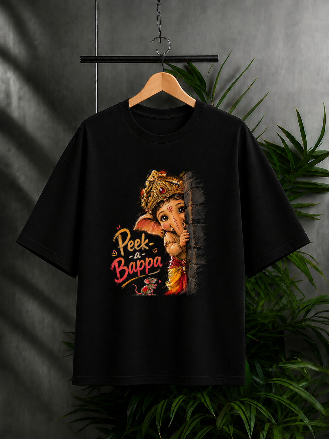 Peek-a-Bappa – Cute Festive Ganpati Vibes | Unisex Oversize Fit Graphic Tee - 100% Bio-Washed Premium Cotton T-Shirt
