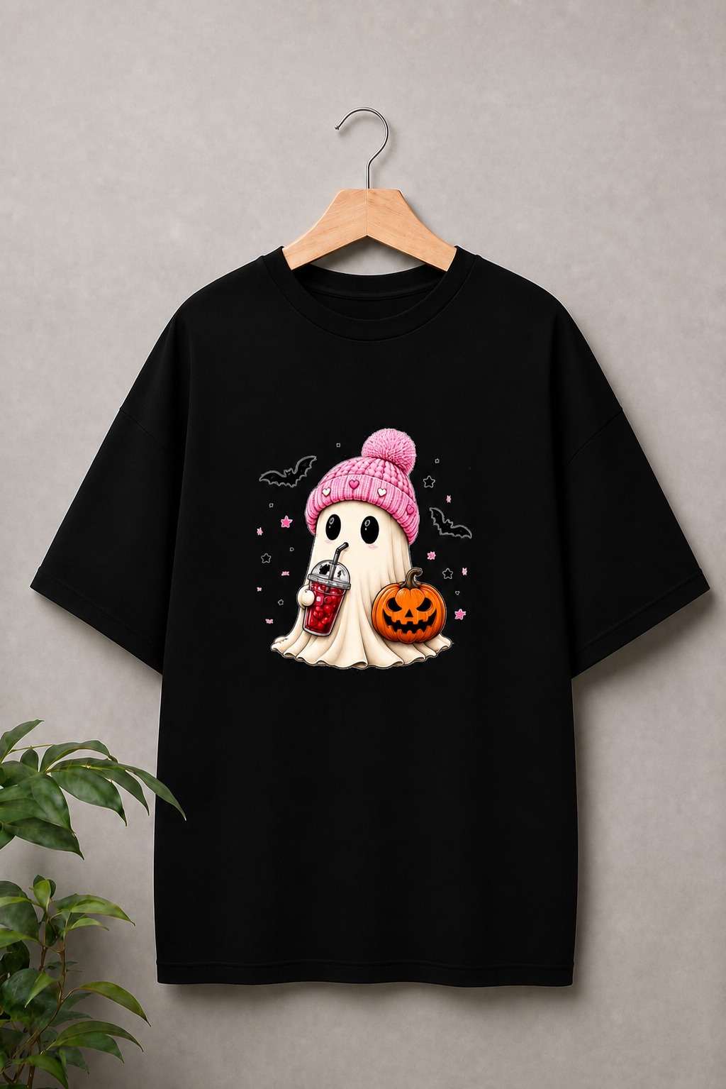 Cute Halloween Ghost Pumpkin — Kawaii Spooky Halloween — Unisex Oversize Fit Graphic Tee — 100% Bio-Washed Premium Cotton T-Shirt
