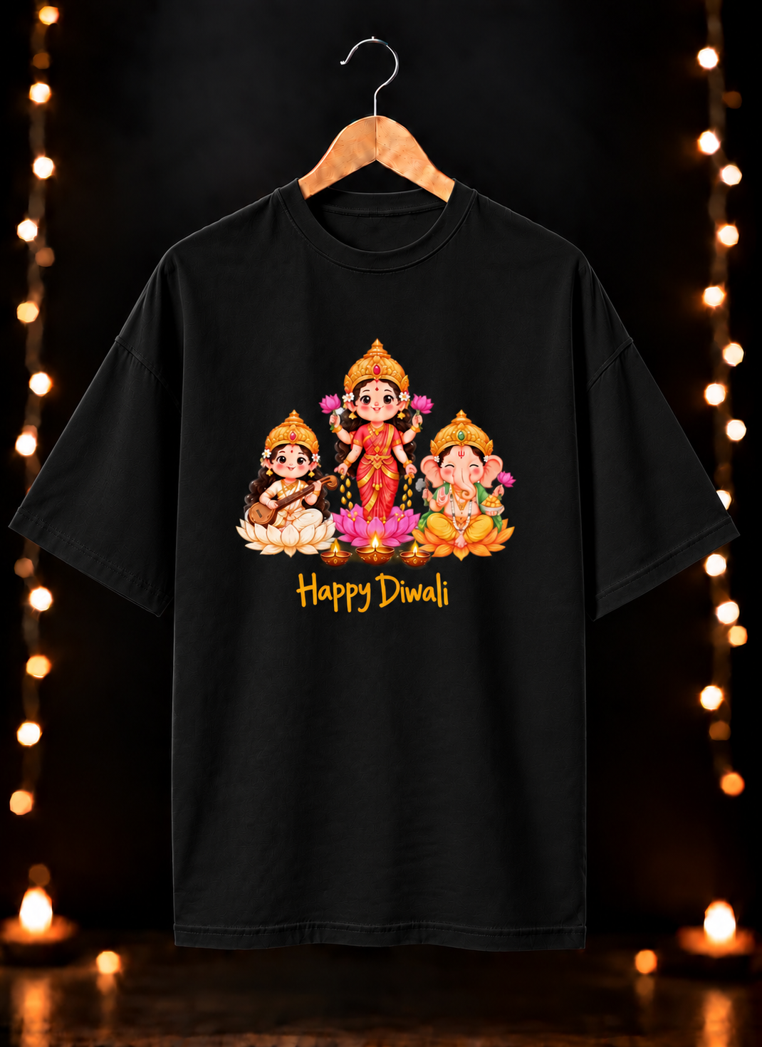 Lakshmi Ganesh Saraswati - शुभ दीपावली आशीर्वाद - Unisex Oversize Fit - 100% Bio-Washed Premium Cotton T-shirt