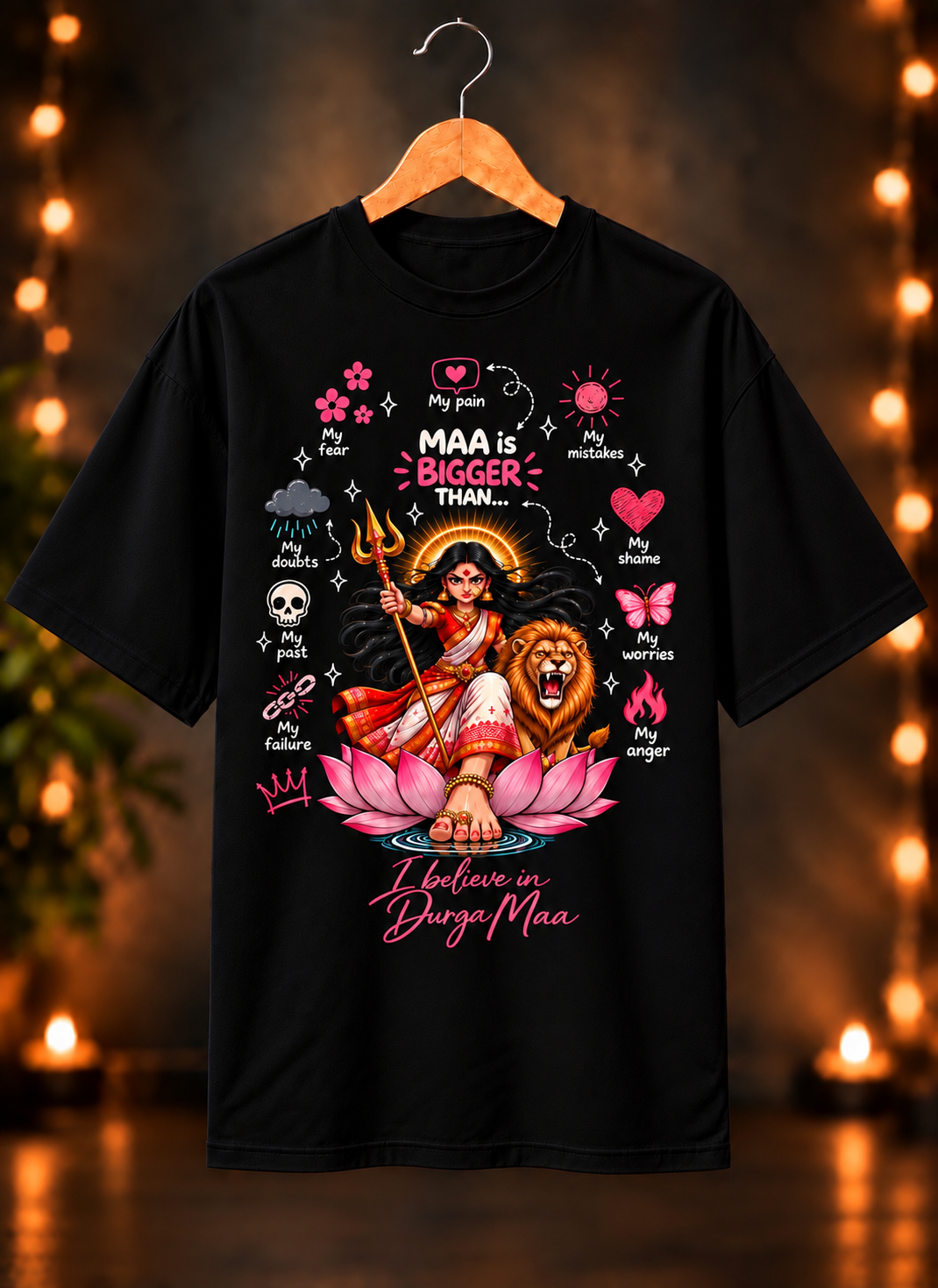 नवरात्रे Exclusive Art - Jai Maa Durga - Faith Over Fear - Unisex Oversize Fit - 100% Bio-washed Premium Cotton T-Shirt