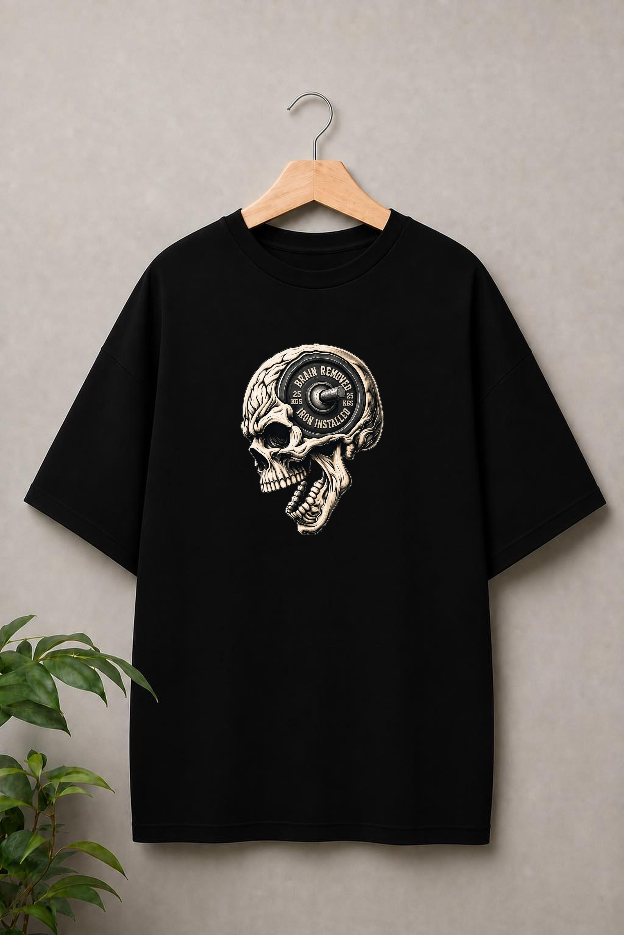 Brain Removed Iron Installed — Funny Gym Skull Statement — Unisex Oversize Fit Graphic Tee — 100% Bio Washed Premium Cotton T-Shirt