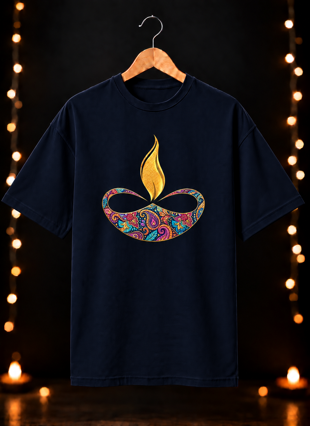 Diwali Colorful Diya Art - Festive Glow & Celebration - Unisex Oversize Fit - 100% Bio-Washed Premium Cotton T-shirt