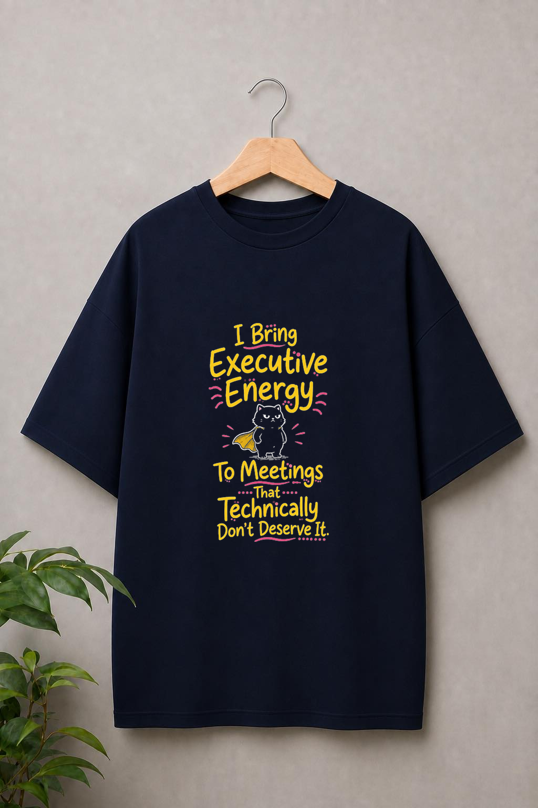 I Bring Executive Energy to Meetings That Technically Don’t Deserve It - Funny Office Cat - Unisex Oversize Fit Graphic Tee - 100% Bio-Washed Premium Cotton T-Shirt