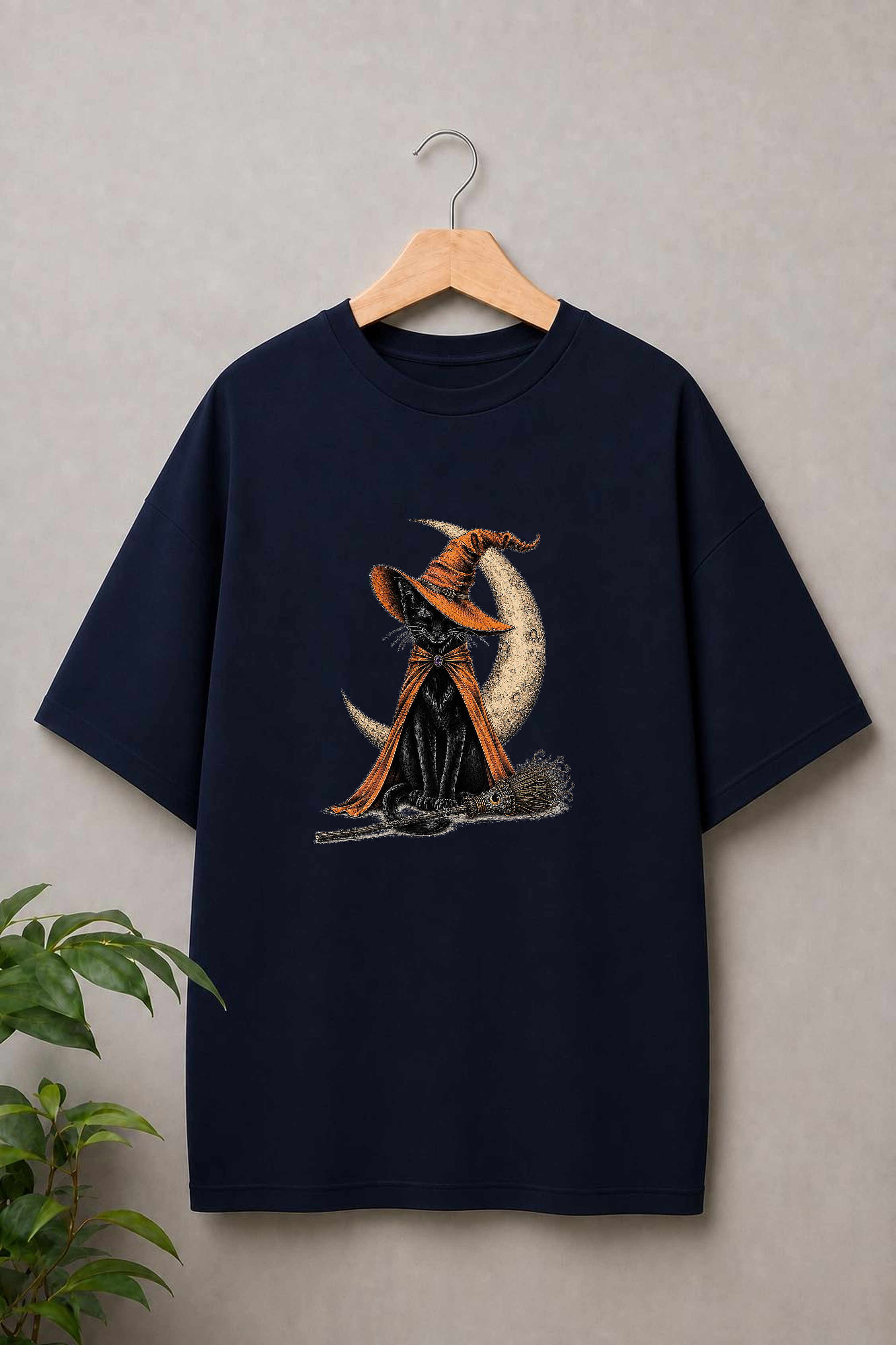 Black Witch Cat Halloween — Crescent Moon Witch — Unisex Oversize Fit Graphic Tee - 100% Bio-Washed Premium Cotton T-Shirt