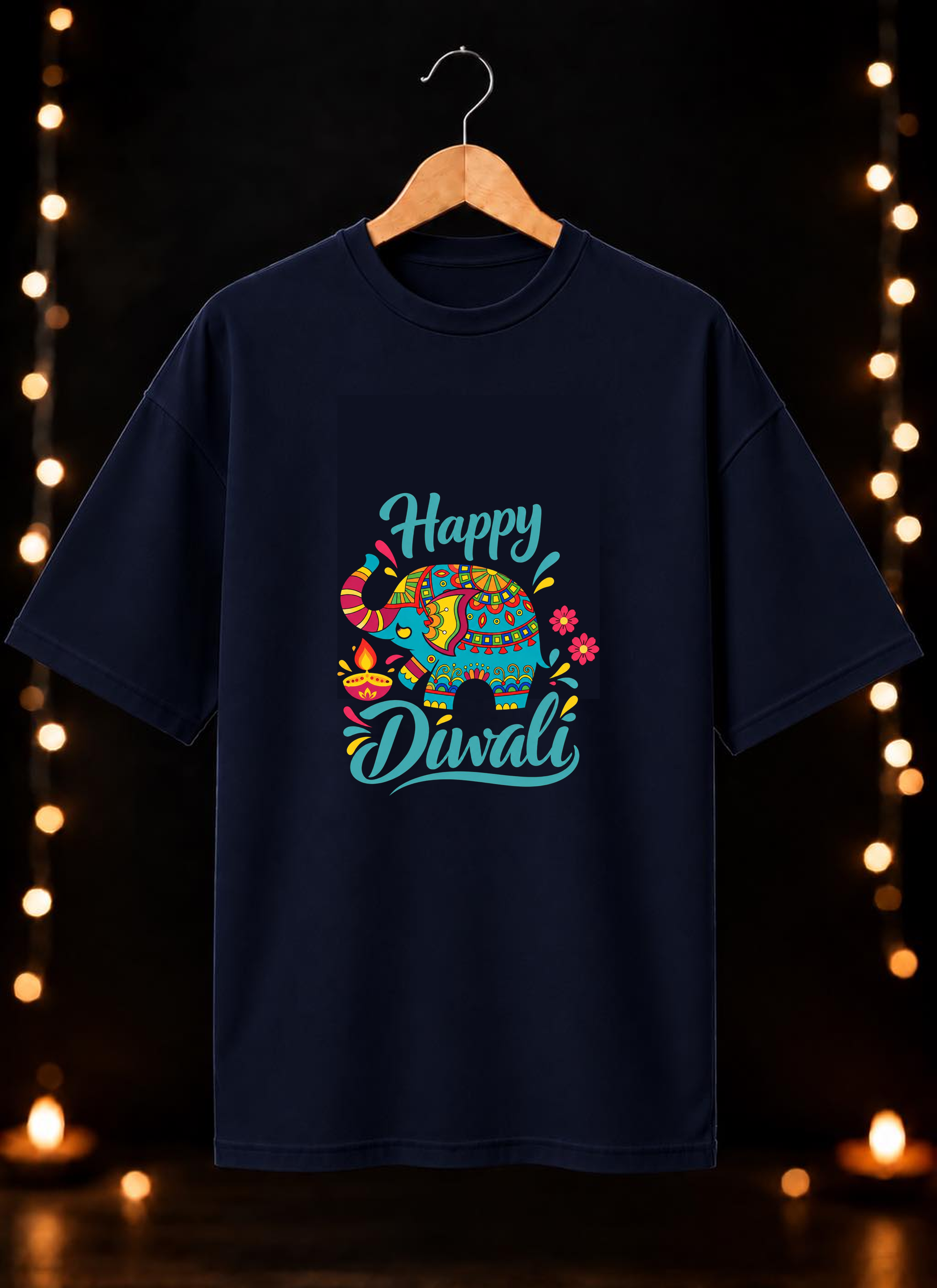 Happy Diwali Elephant Motif – Festive Joy & Celebration - Unisex Oversize Fit - 100% Bio-washed Premium Cotton T-Shirt