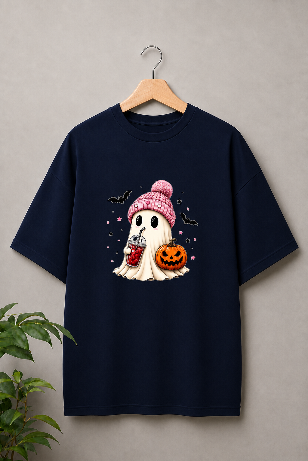 Cute Halloween Ghost Pumpkin — Kawaii Spooky Halloween — Unisex Oversize Fit Graphic Tee — 100% Bio-Washed Premium Cotton T-Shirt
