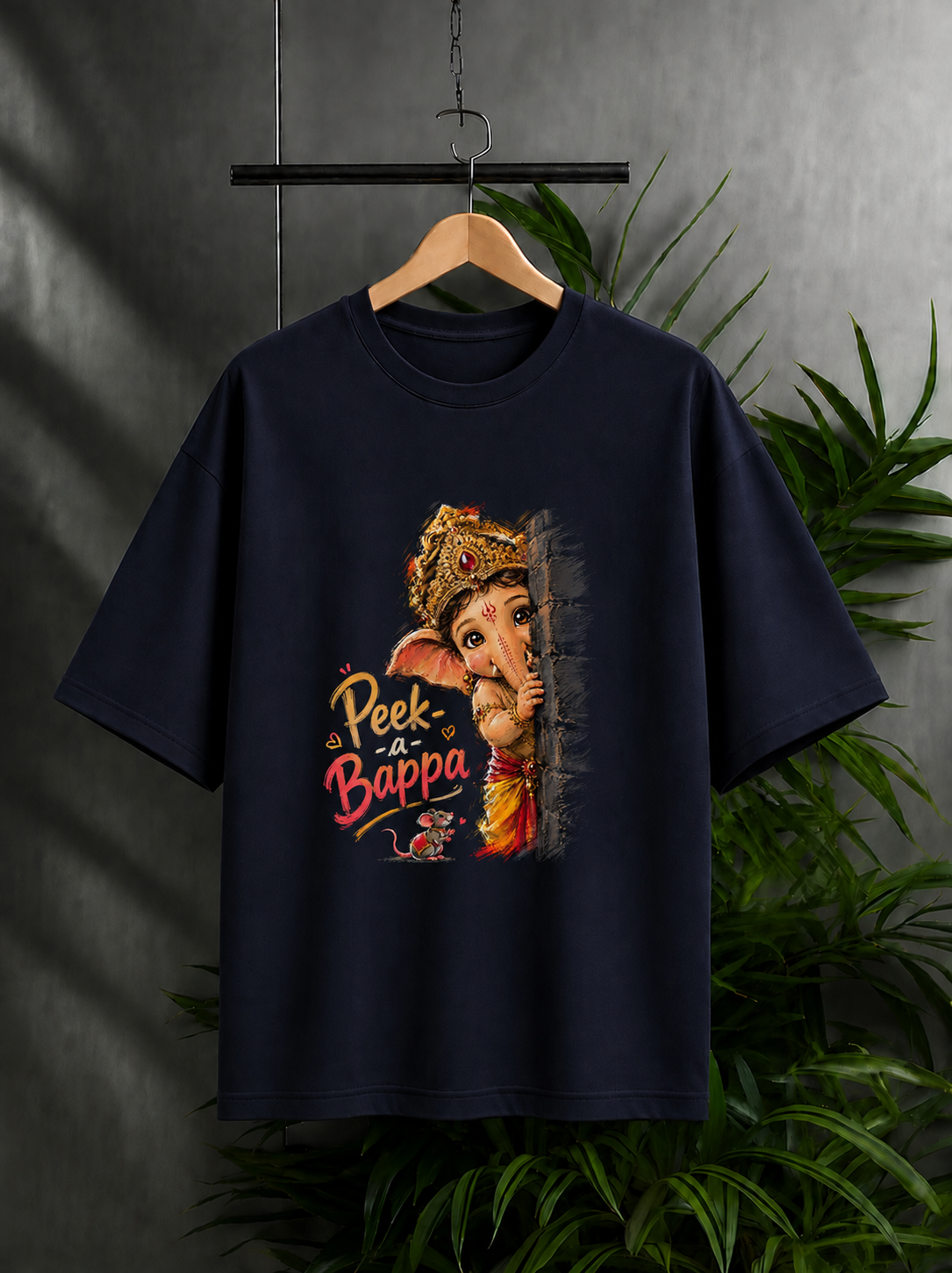 Peek-a-Bappa – Cute Festive Ganpati Vibes | Unisex Oversize Fit Graphic Tee - 100% Bio-Washed Premium Cotton T-Shirt
