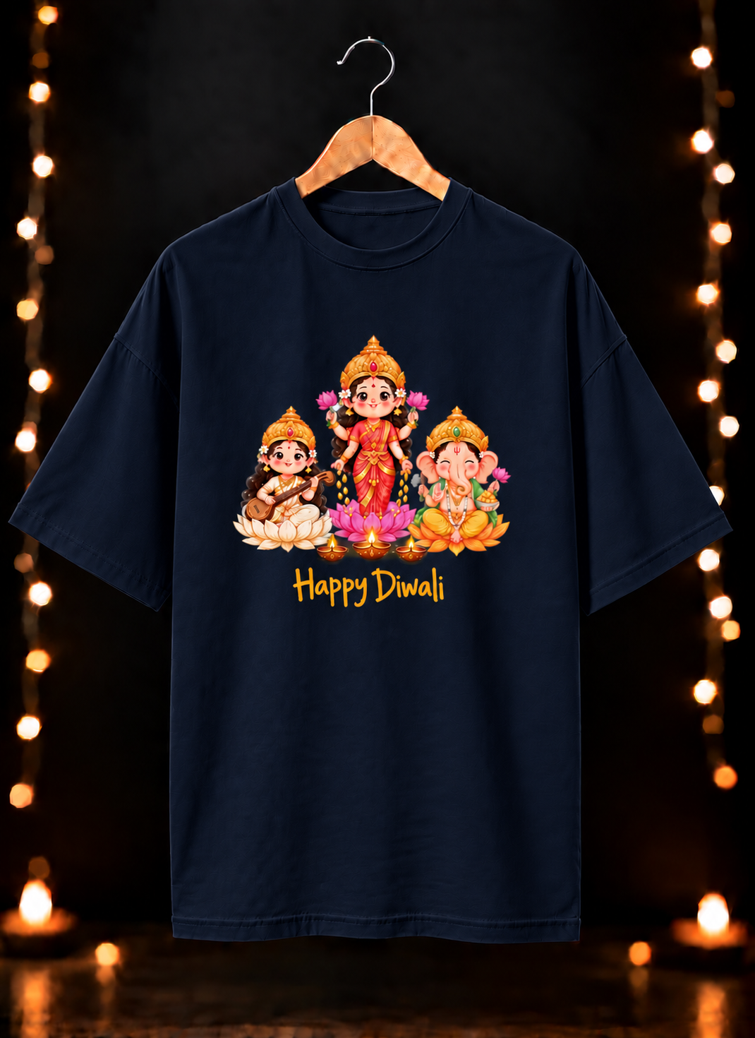 Lakshmi Ganesh Saraswati - शुभ दीपावली आशीर्वाद - Unisex Oversize Fit - 100% Bio-Washed Premium Cotton T-shirt