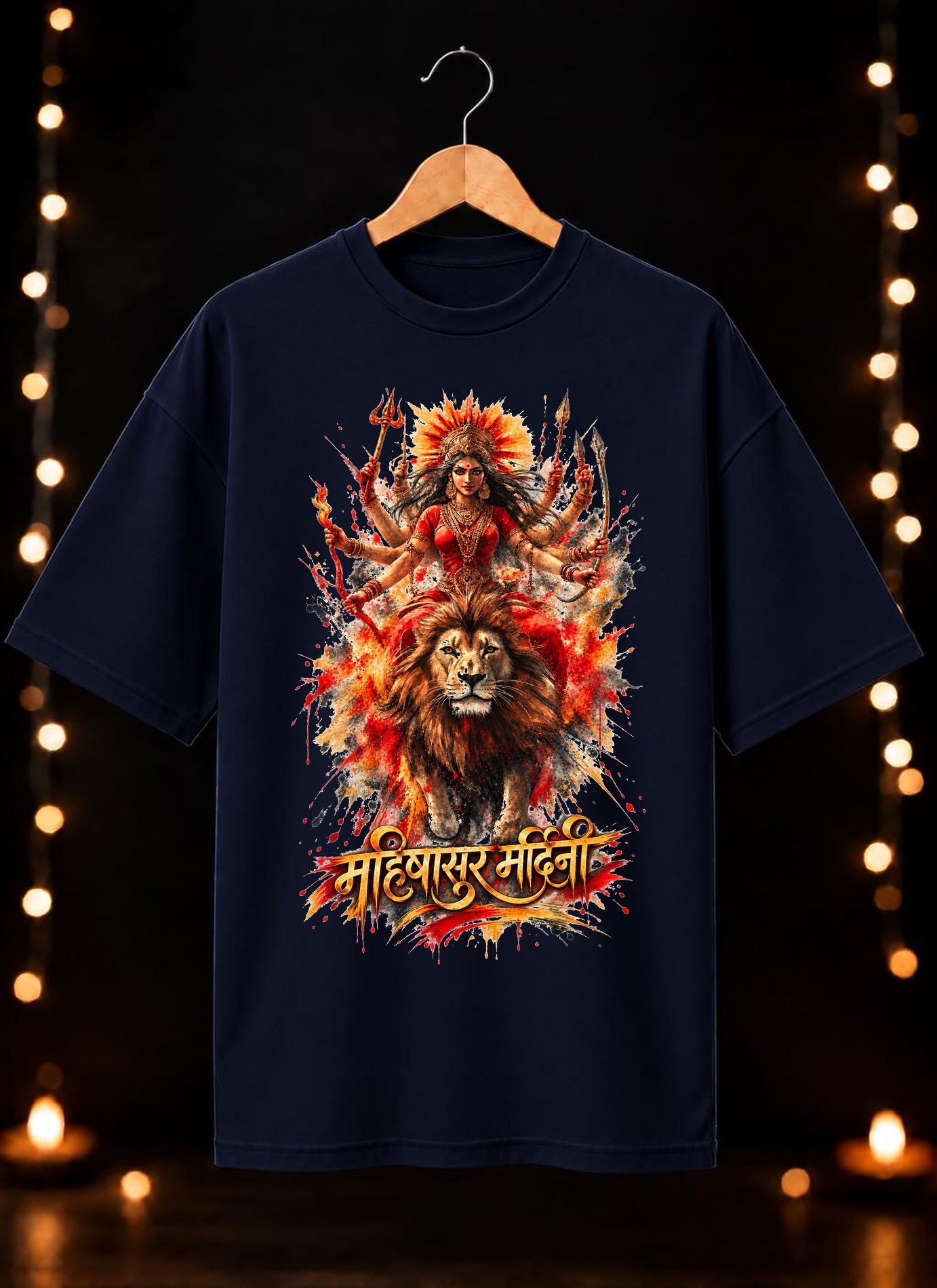 नवरात्रे Exclusive Art - Jai Maa Durga - Mahishasur Mardini - Unisex Oversize Fit - 100% Bio-Washed Premium Cotton T-shirt