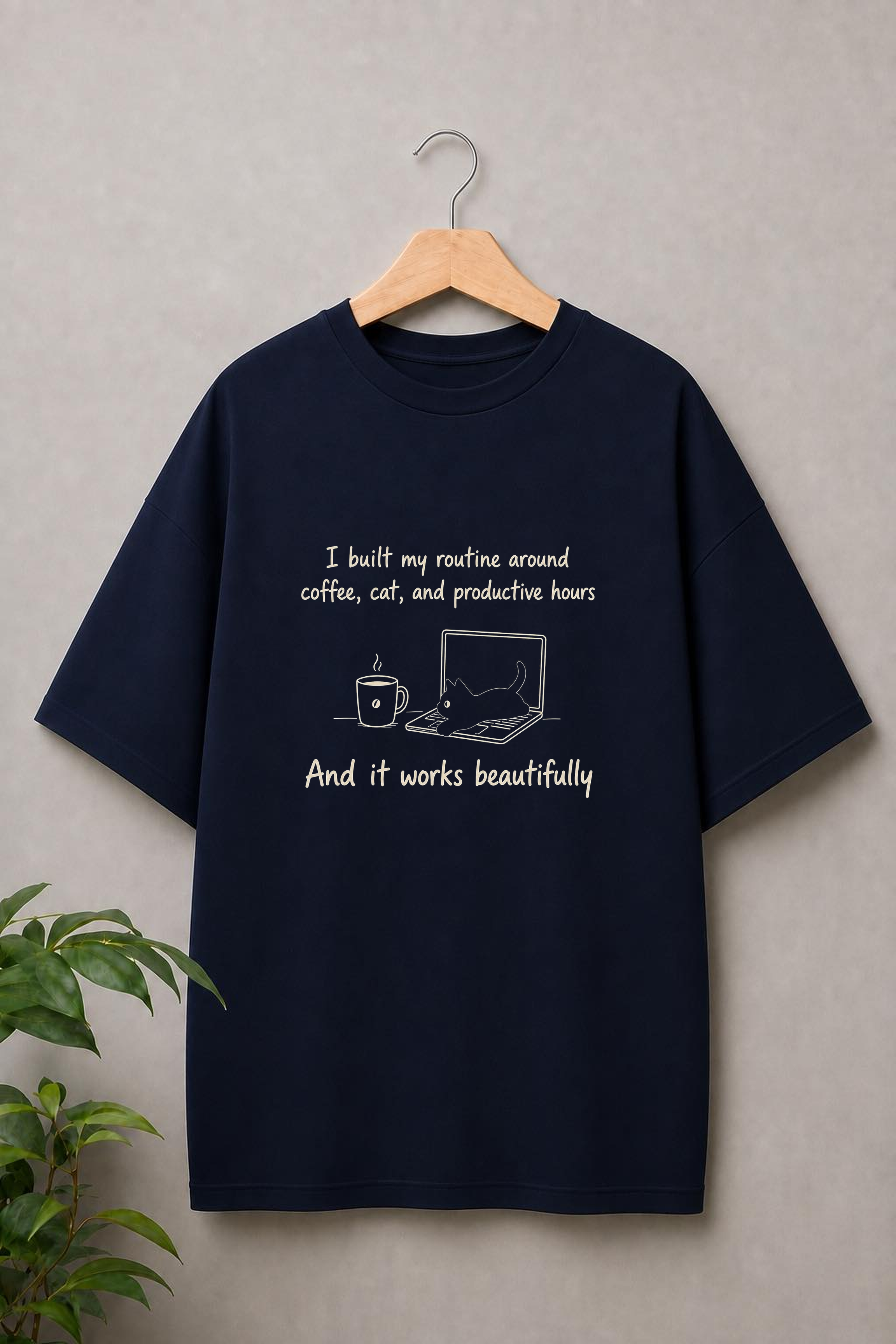 I Built My Routine Around Coffee Cat and Productive Hours - Funny Coffee Cat - Unisex Oversize Fit Graphic Tee - 100% Bio-Washed Premium Cotton T-Shirt