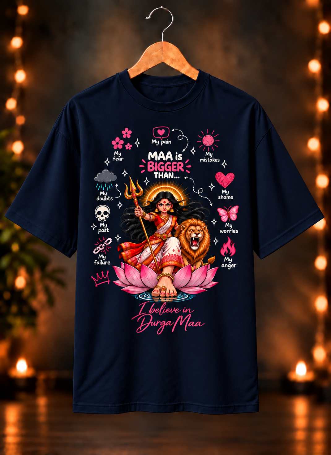 नवरात्रे Exclusive Art - Jai Maa Durga - Faith Over Fear - Unisex Oversize Fit - 100% Bio-washed Premium Cotton T-Shirt