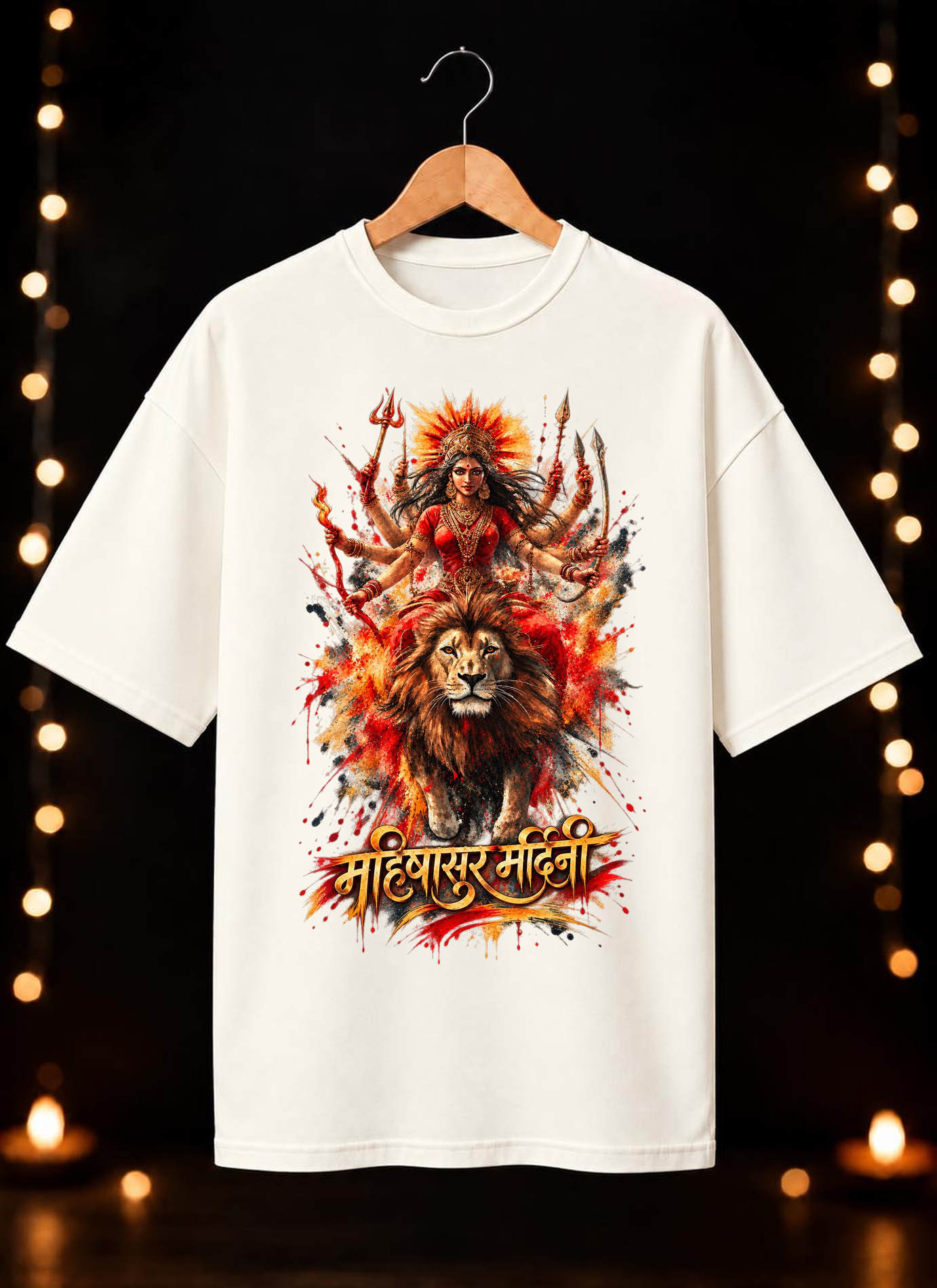नवरात्रे Exclusive Art - Jai Maa Durga - Mahishasur Mardini - Unisex Oversize Fit - 100% Bio-Washed Premium Cotton T-shirt