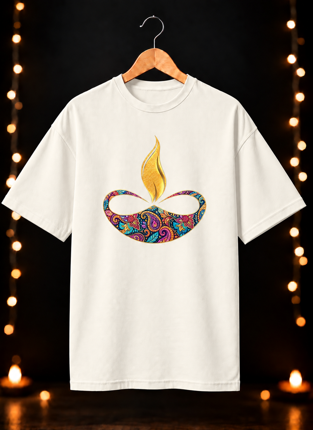 Diwali Colorful Diya Art - Festive Glow & Celebration - Unisex Oversize Fit - 100% Bio-Washed Premium Cotton T-shirt