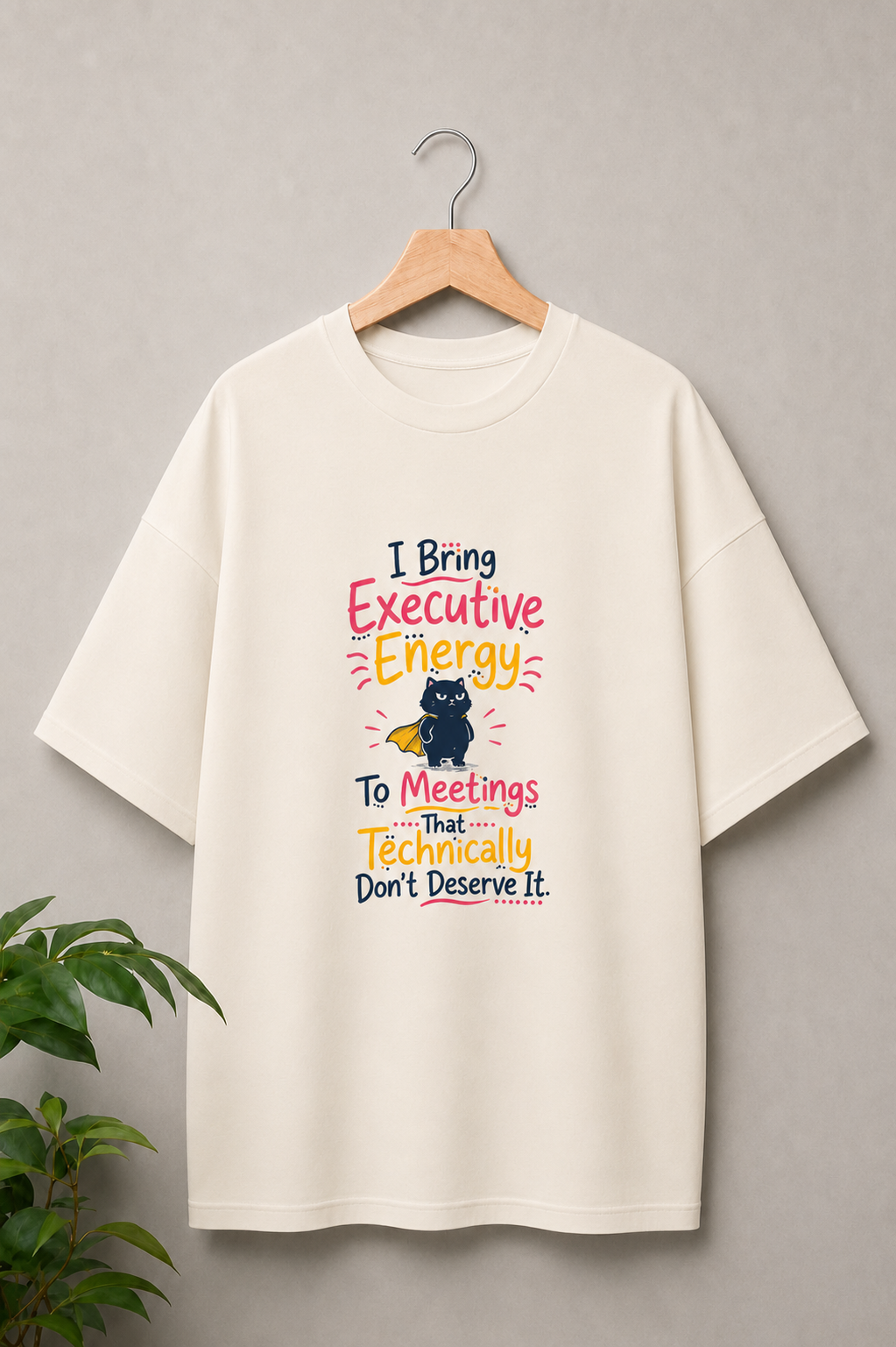 I Bring Executive Energy to Meetings That Technically Don’t Deserve It - Funny Office Cat - Unisex Oversize Fit Graphic Tee - 100% Bio-Washed Premium Cotton T-Shirt