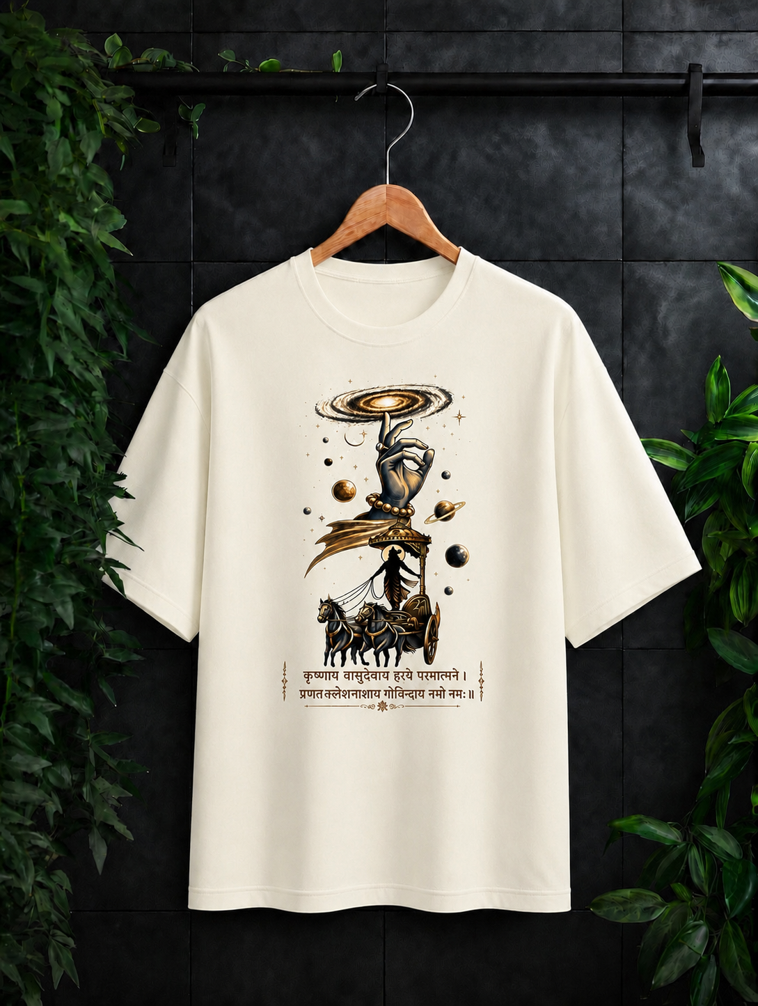 Krishna Cosmic Chariot - Krishna Mantra Divine Devotion - Unisex Oversize Fit Graphic Tee - 100% Bio-Washed Premium Cotton T-Shirt