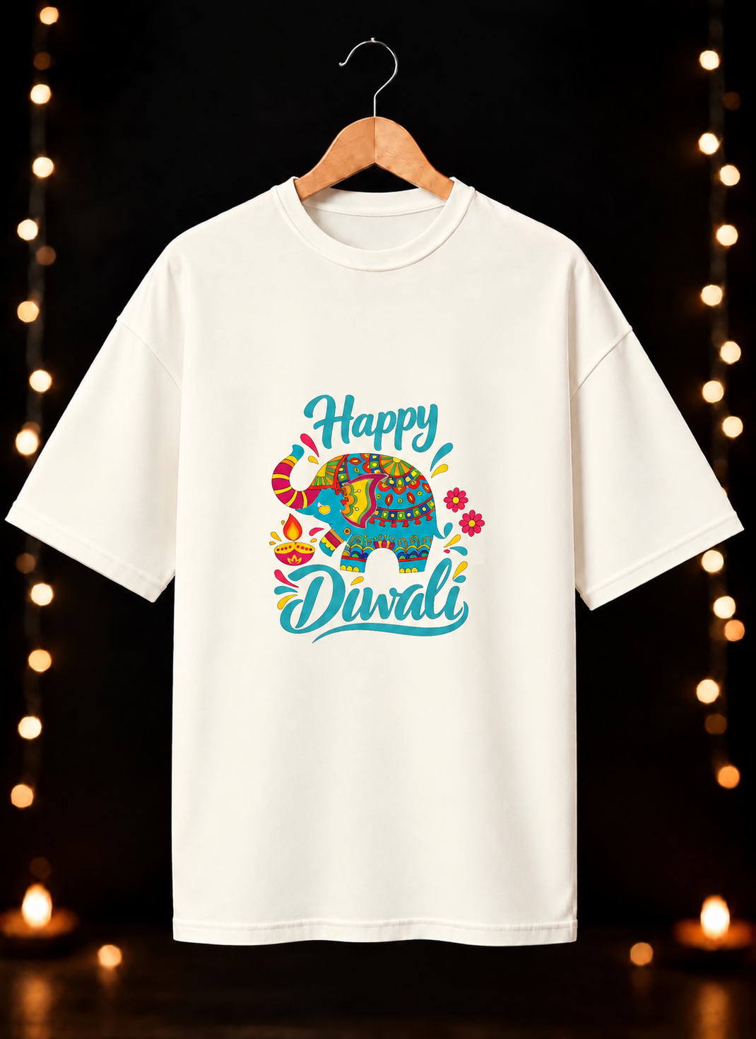 Happy Diwali Elephant Motif – Festive Joy & Celebration - Unisex Oversize Fit - 100% Bio-washed Premium Cotton T-Shirt