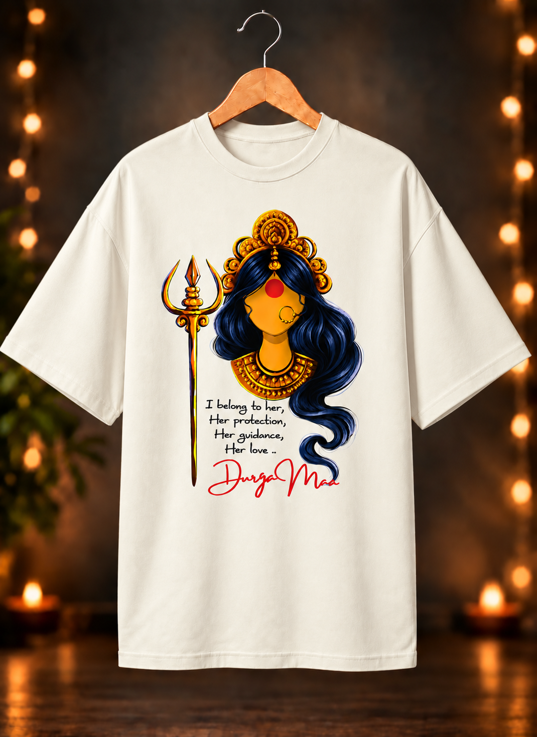नवरात्रे Exclusive Art - Jai Maa Durga - Divine Protection - Unisex Oversize Fit - 100% Bio-washed Premium Cotton T-Shirt