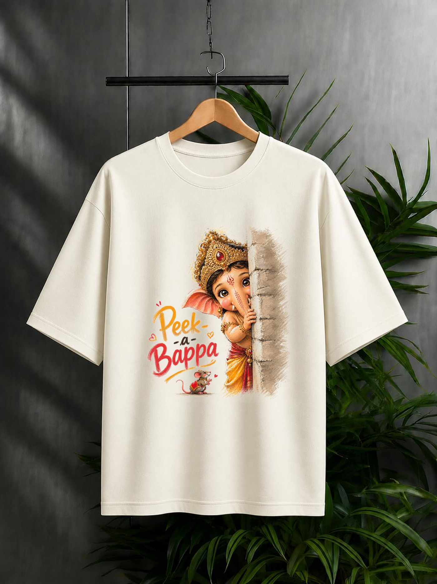 Peek-a-Bappa – Cute Festive Ganpati Vibes | Unisex Oversize Fit Graphic Tee - 100% Bio-Washed Premium Cotton T-Shirt