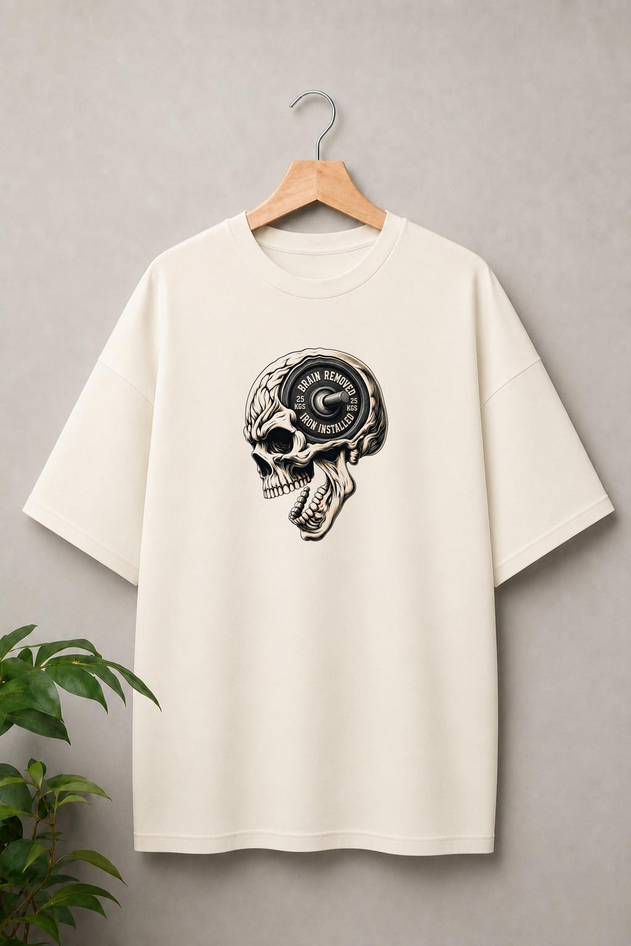 Brain Removed Iron Installed — Funny Gym Skull Statement — Unisex Oversize Fit Graphic Tee — 100% Bio Washed Premium Cotton T-Shirt