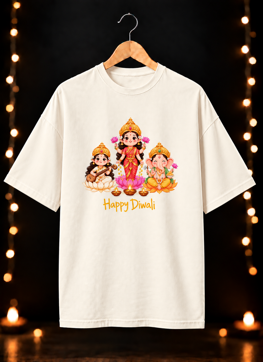 Lakshmi Ganesh Saraswati - शुभ दीपावली आशीर्वाद - Unisex Oversize Fit - 100% Bio-Washed Premium Cotton T-shirt