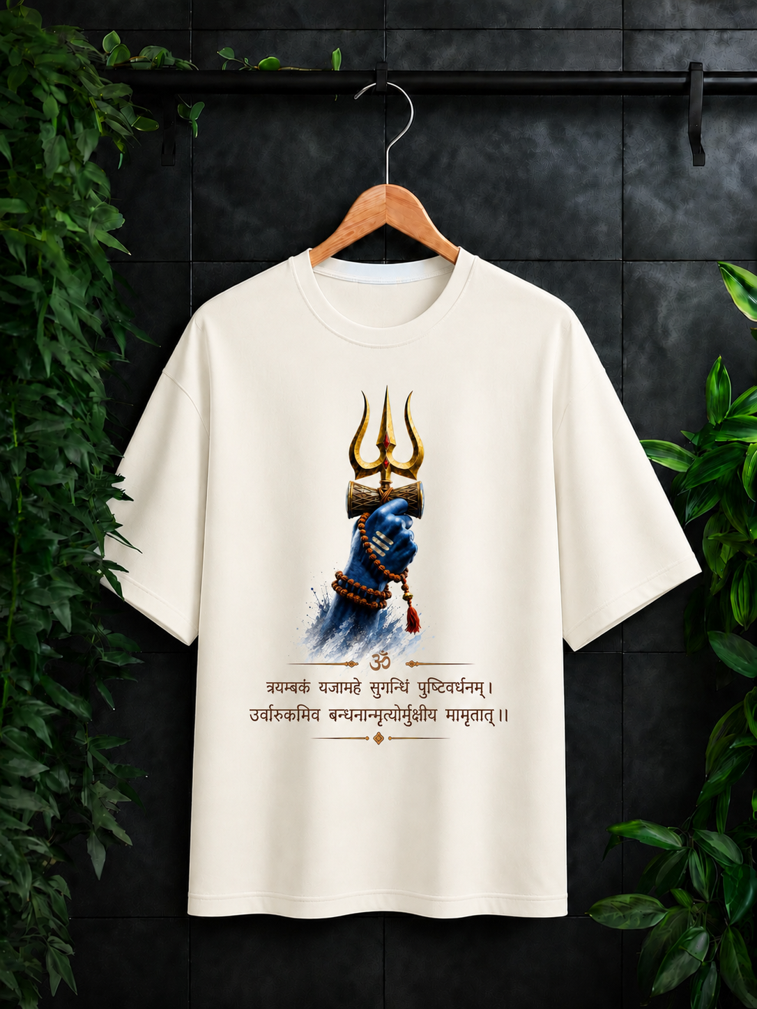 Mahamrityunjaya Mantra Shiva Trishul - Divine Protection & Inner Strength - Unisex Oversize Fit Graphic Tee - 100% Bio-Washed Premium Cotton T-Shirt