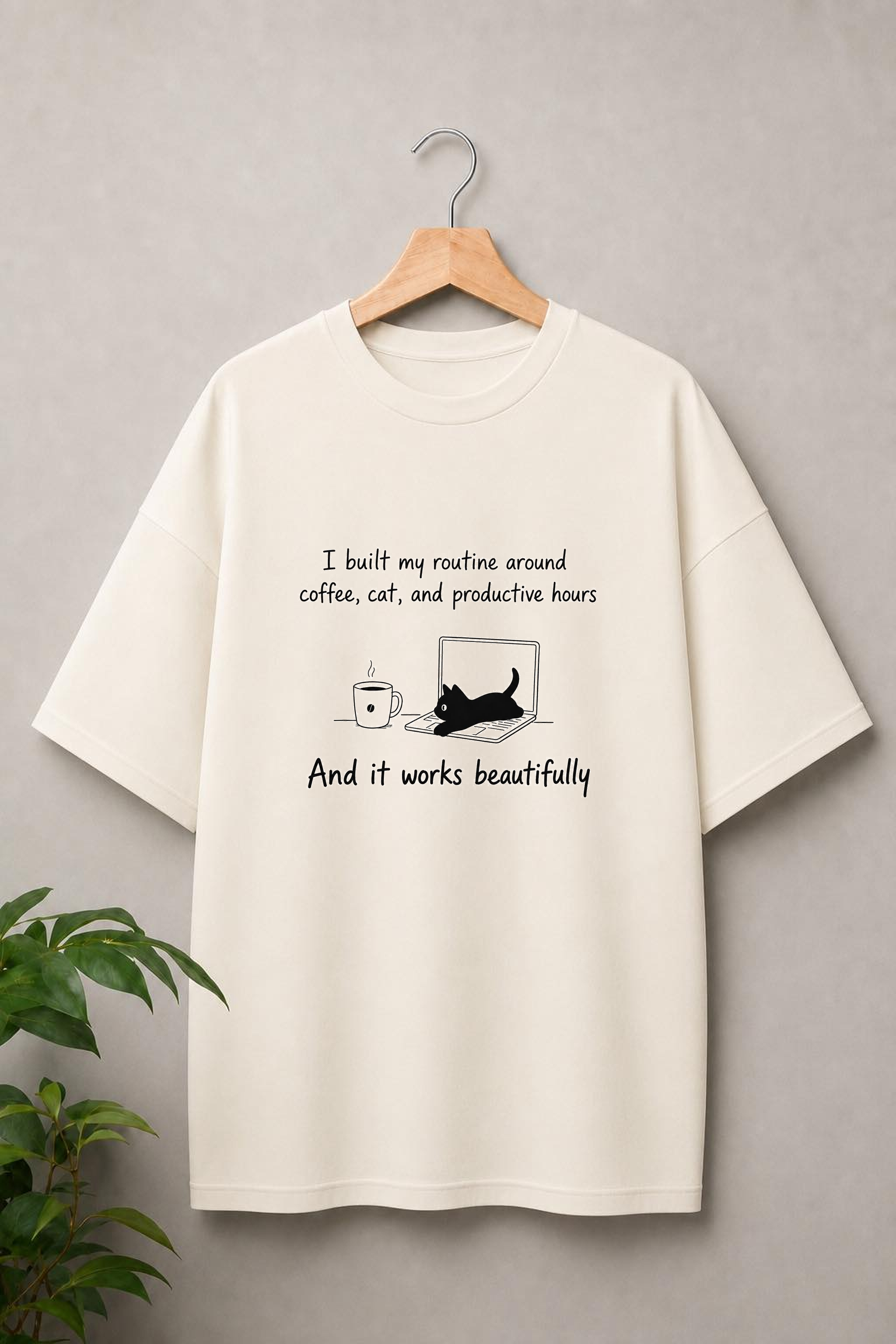 I Built My Routine Around Coffee Cat and Productive Hours - Funny Coffee Cat - Unisex Oversize Fit Graphic Tee - 100% Bio-Washed Premium Cotton T-Shirt