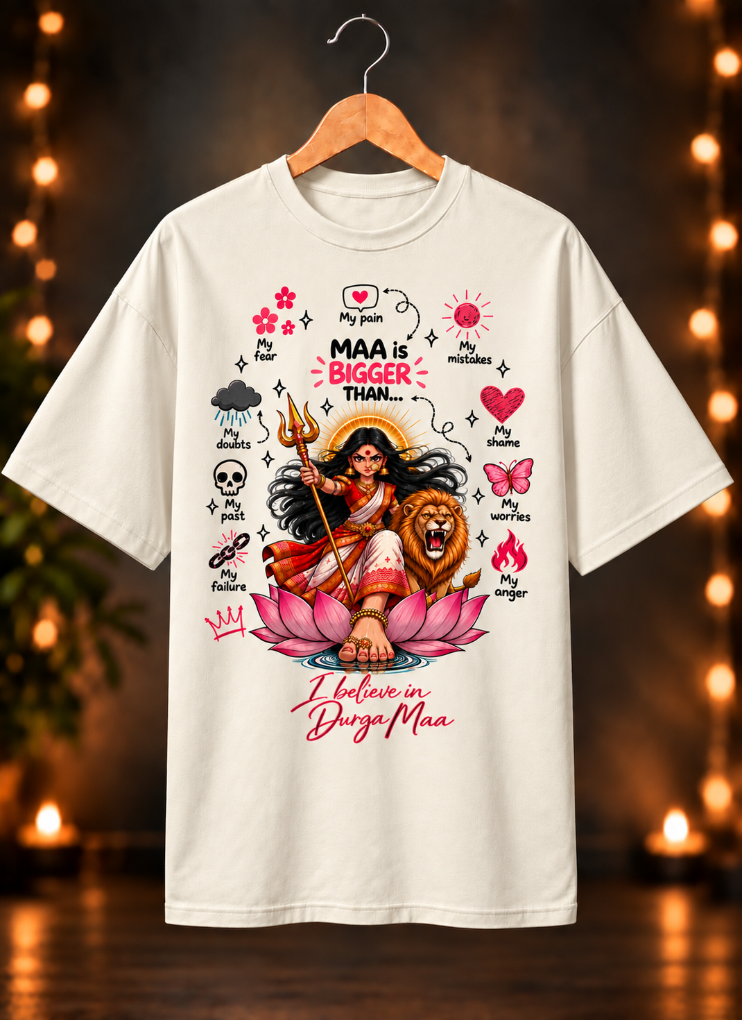 नवरात्रे Exclusive Art - Jai Maa Durga - Faith Over Fear - Unisex Oversize Fit - 100% Bio-washed Premium Cotton T-Shirt