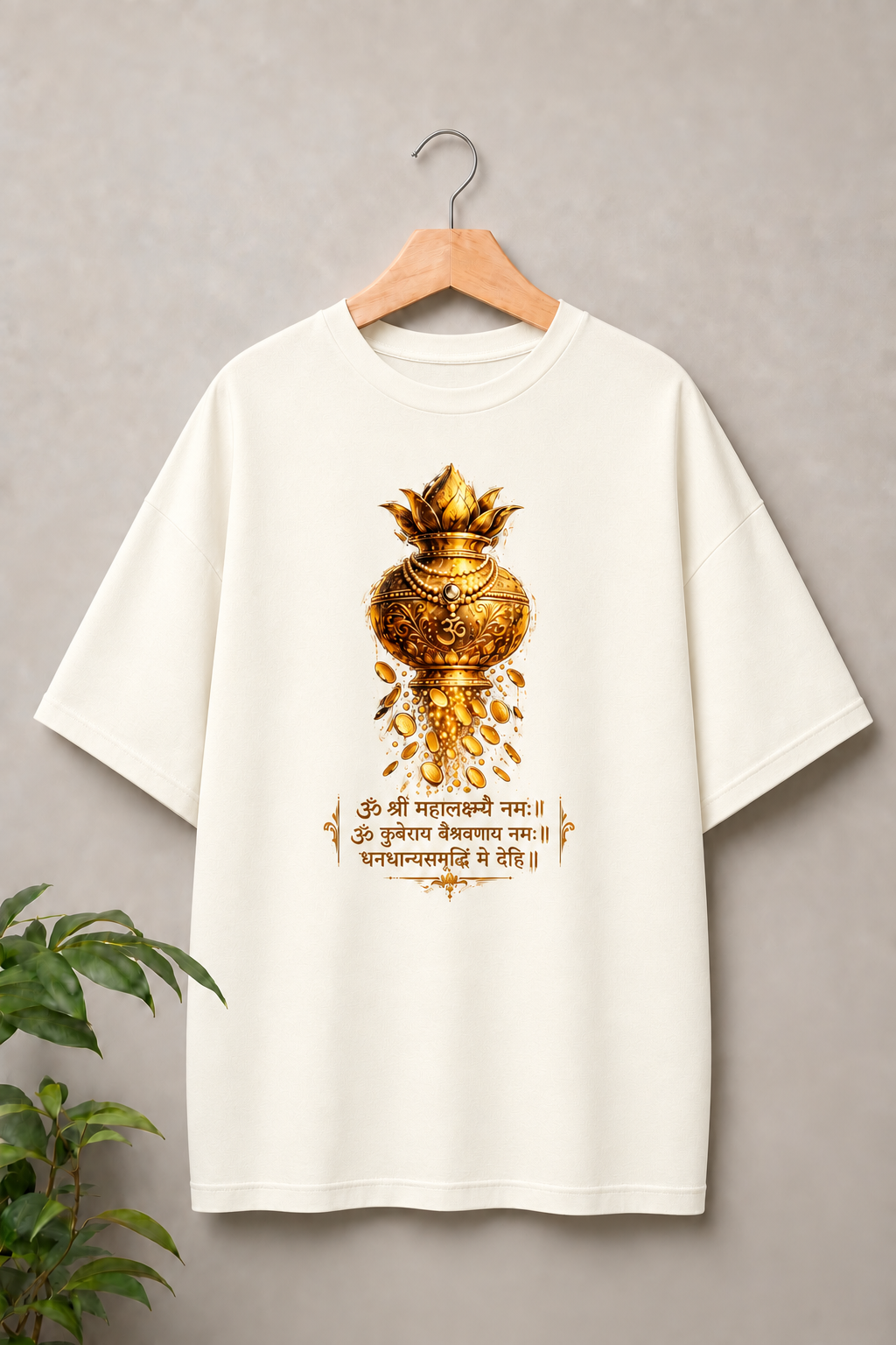 Happy Dhanteras, Golden Prosperity Kalash - Divine Wealth & Abundance - Unisex Oversize Fit - 100% Bio-washed Premium Cotton T-Shirt