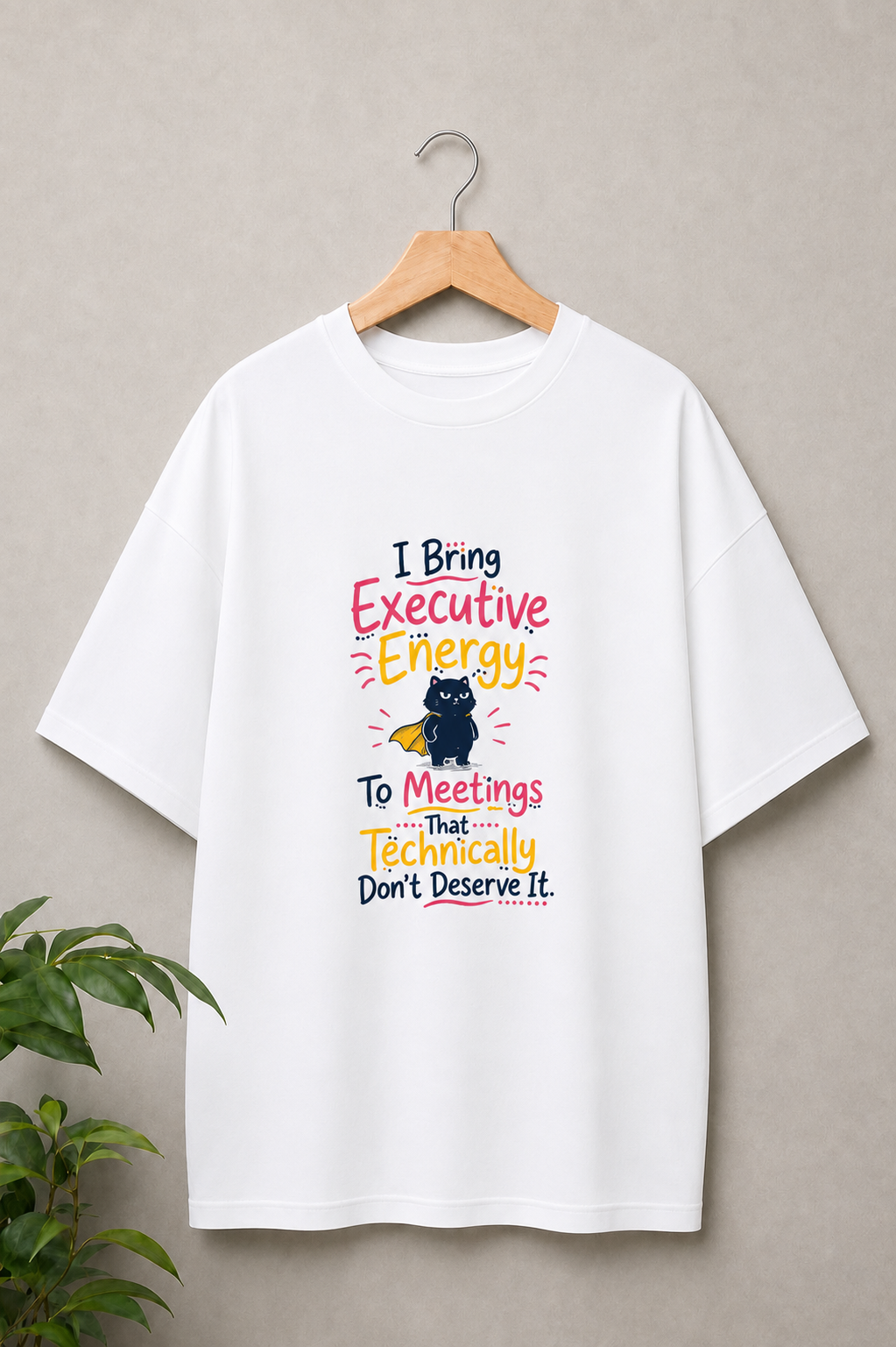 I Bring Executive Energy to Meetings That Technically Don’t Deserve It - Funny Office Cat - Unisex Oversize Fit Graphic Tee - 100% Bio-Washed Premium Cotton T-Shirt