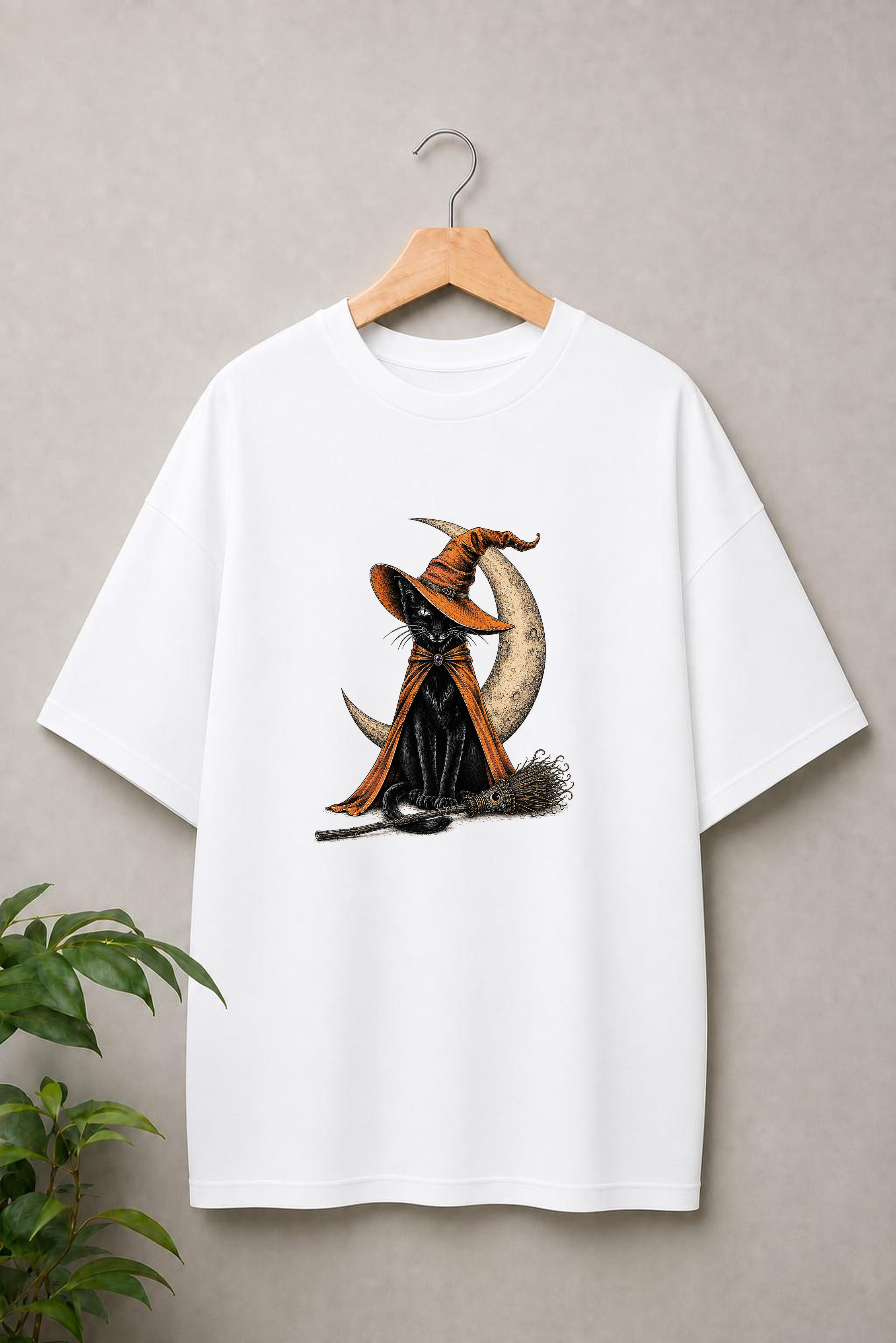 Black Witch Cat Halloween — Crescent Moon Witch — Unisex Oversize Fit Graphic Tee - 100% Bio-Washed Premium Cotton T-Shirt