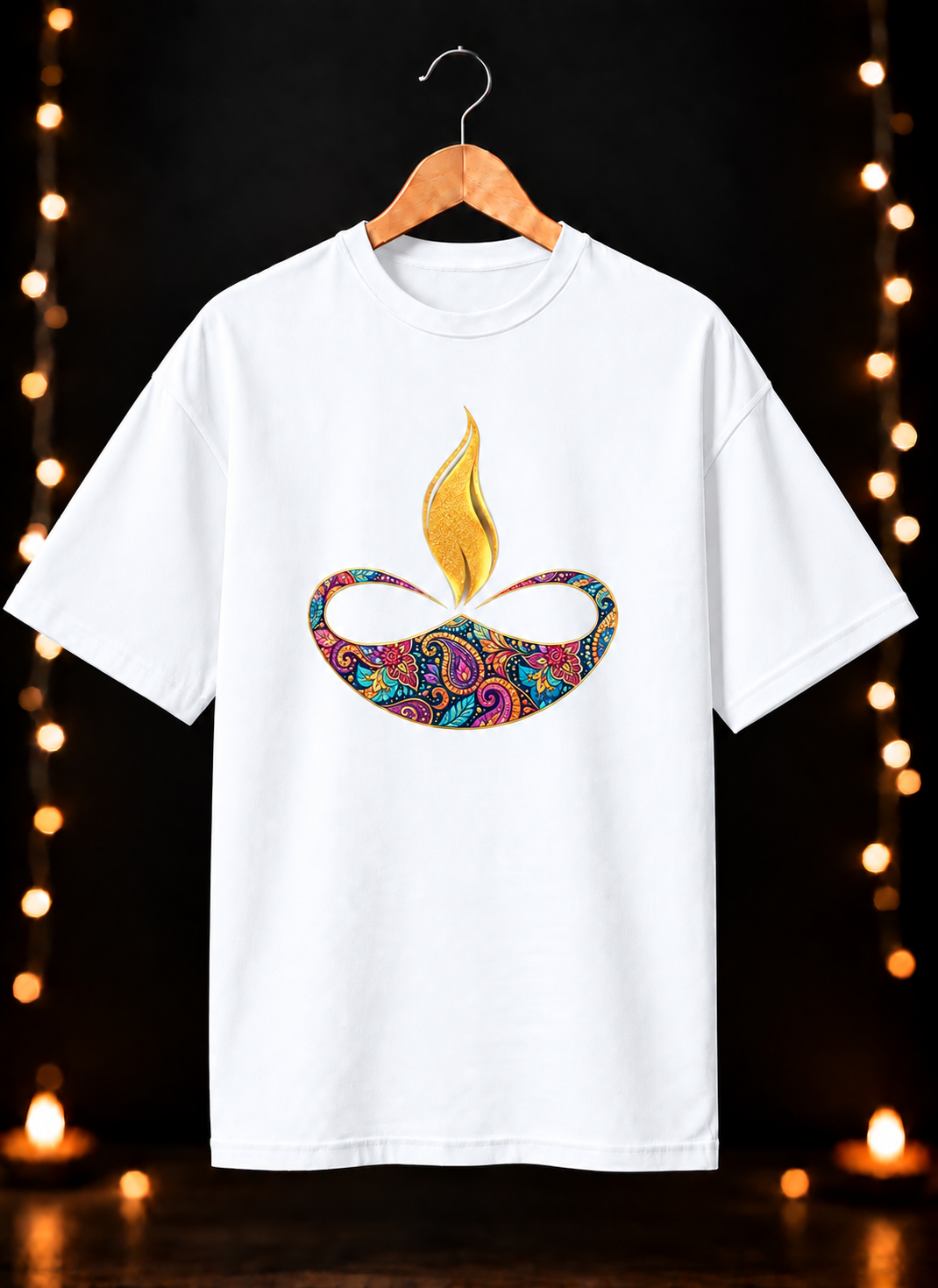 Diwali Colorful Diya Art - Festive Glow & Celebration - Unisex Oversize Fit - 100% Bio-Washed Premium Cotton T-shirt