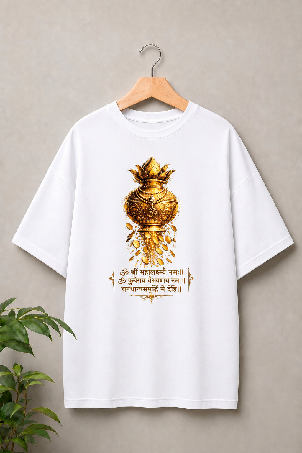 Happy Dhanteras, Golden Prosperity Kalash - Divine Wealth & Abundance - Unisex Oversize Fit - 100% Bio-washed Premium Cotton T-Shirt