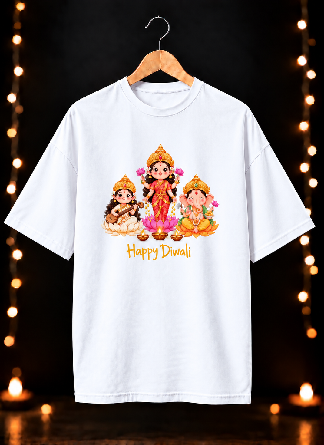 Lakshmi Ganesh Saraswati - शुभ दीपावली आशीर्वाद - Unisex Oversize Fit - 100% Bio-Washed Premium Cotton T-shirt