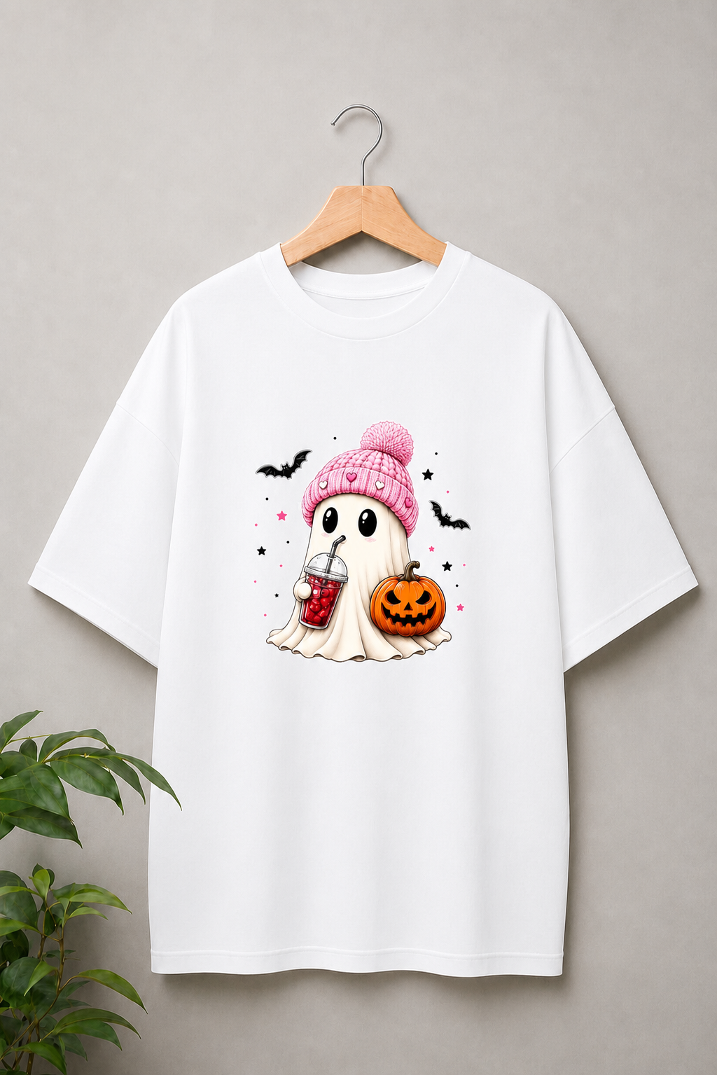 Cute Halloween Ghost Pumpkin — Kawaii Spooky Halloween — Unisex Oversize Fit Graphic Tee — 100% Bio-Washed Premium Cotton T-Shirt