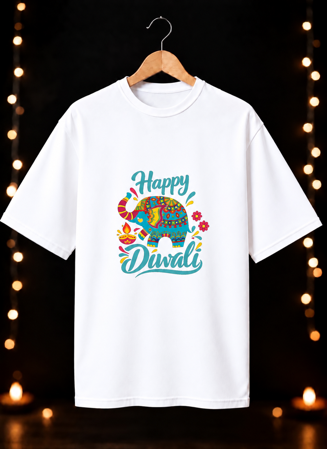 Happy Diwali Elephant Motif – Festive Joy & Celebration - Unisex Oversize Fit - 100% Bio-washed Premium Cotton T-Shirt