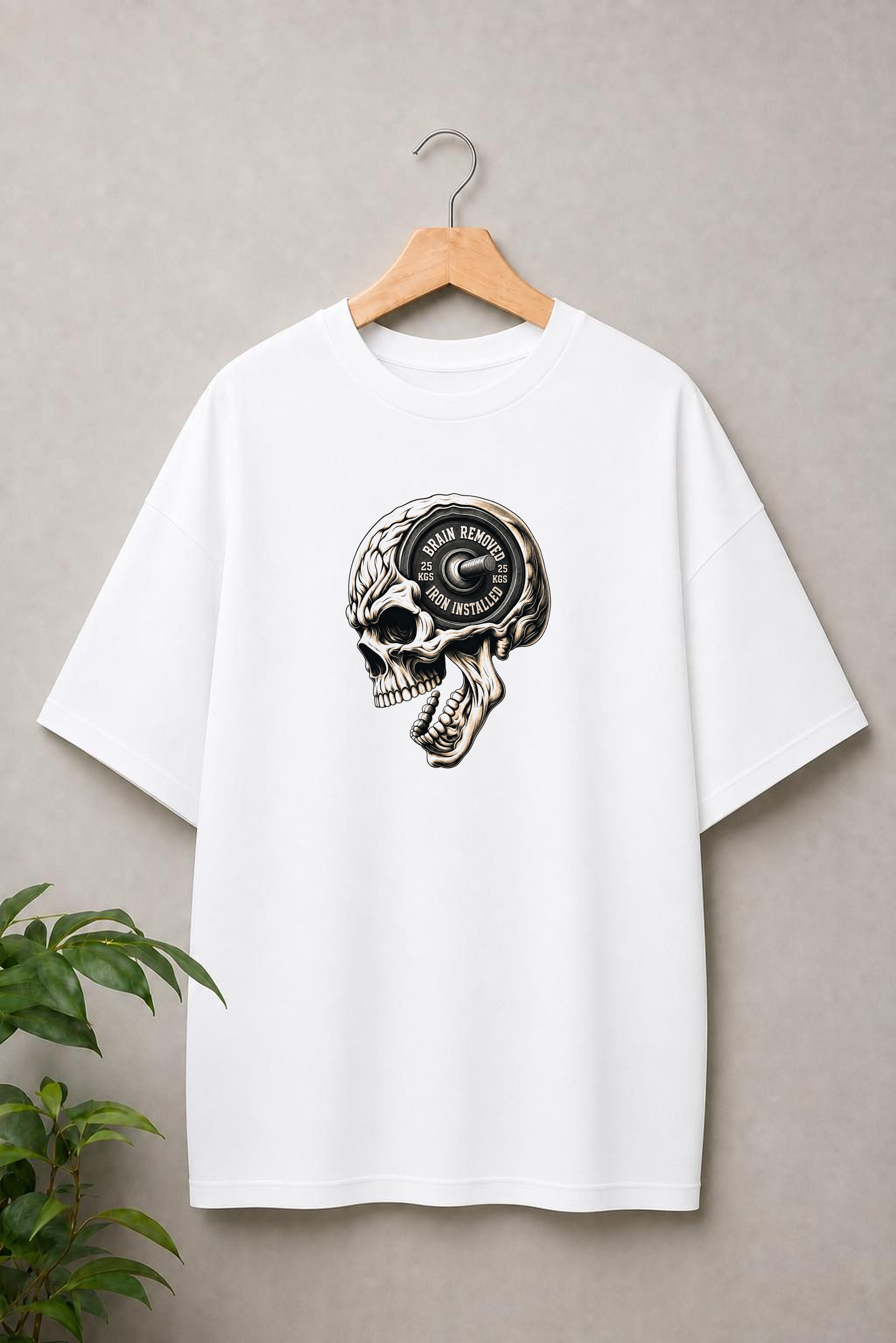 Brain Removed Iron Installed — Funny Gym Skull Statement — Unisex Oversize Fit Graphic Tee — 100% Bio Washed Premium Cotton T-Shirt