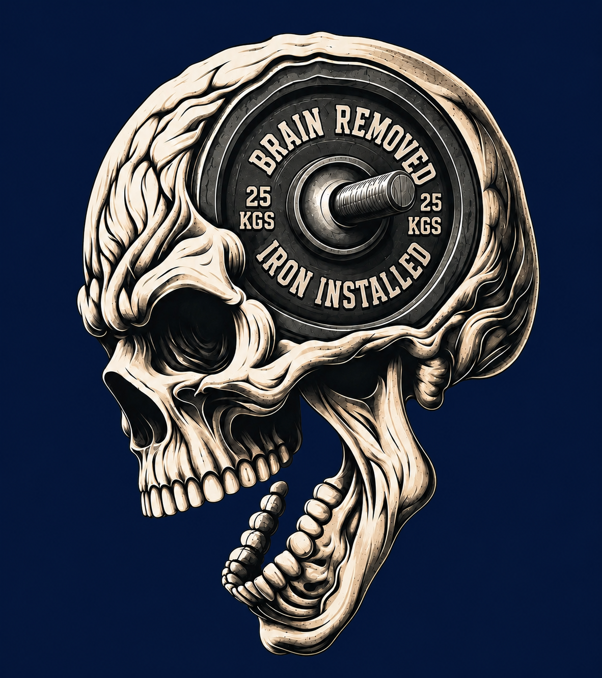 Brain Removed Iron Installed — Funny Gym Skull Statement — Unisex Oversize Fit Graphic Tee — 100% Bio Washed Premium Cotton T-Shirt